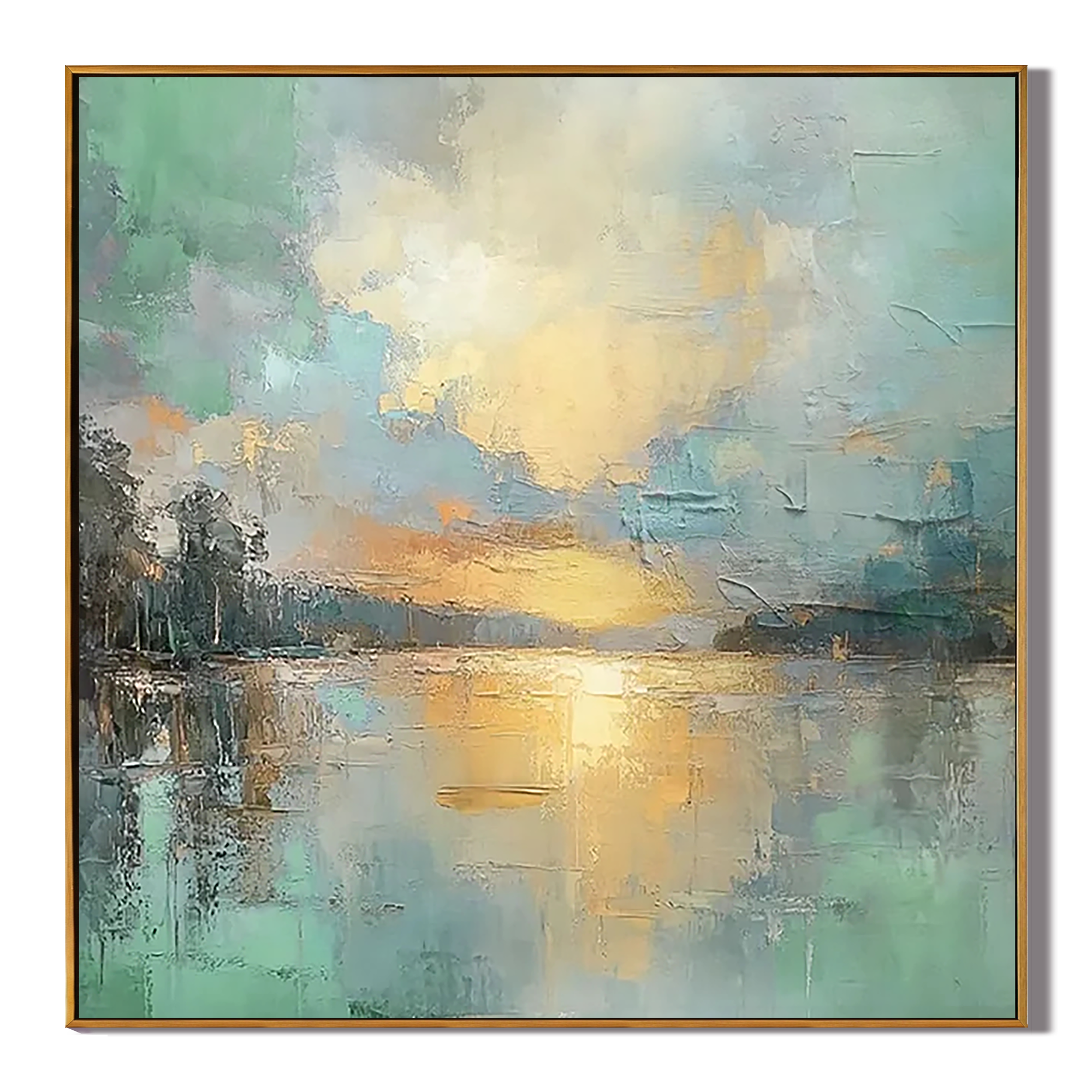 Golden Serenity – Modern Impressionist Landscape Painting | Creative Sunset Lake Hallway Art