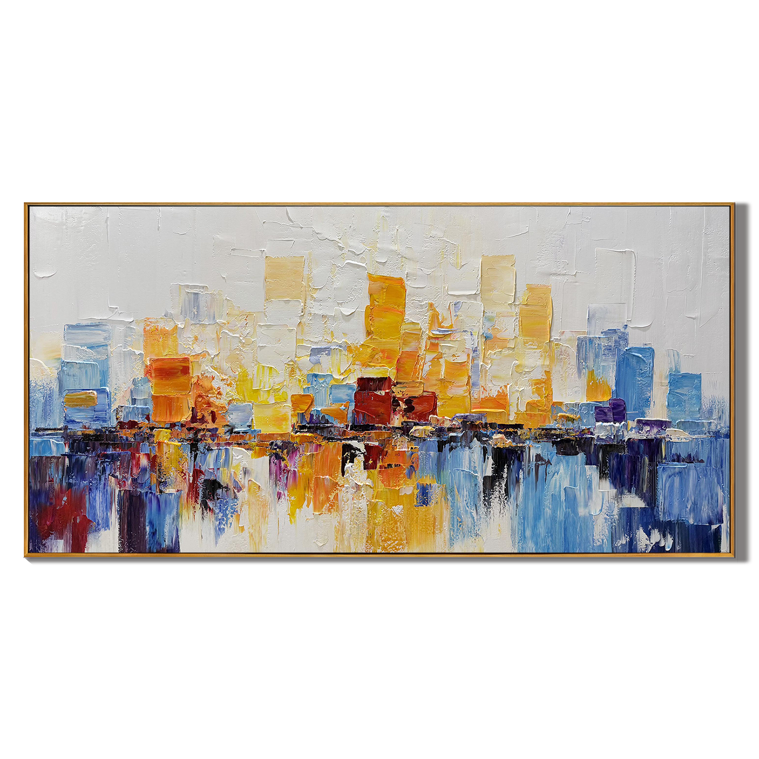 URBAN SILHOUETTE: Texture Wall Art, Hand-Painted Horizontal Yellow and Blue Cityscape Abstract 3D Textured Gallery Art