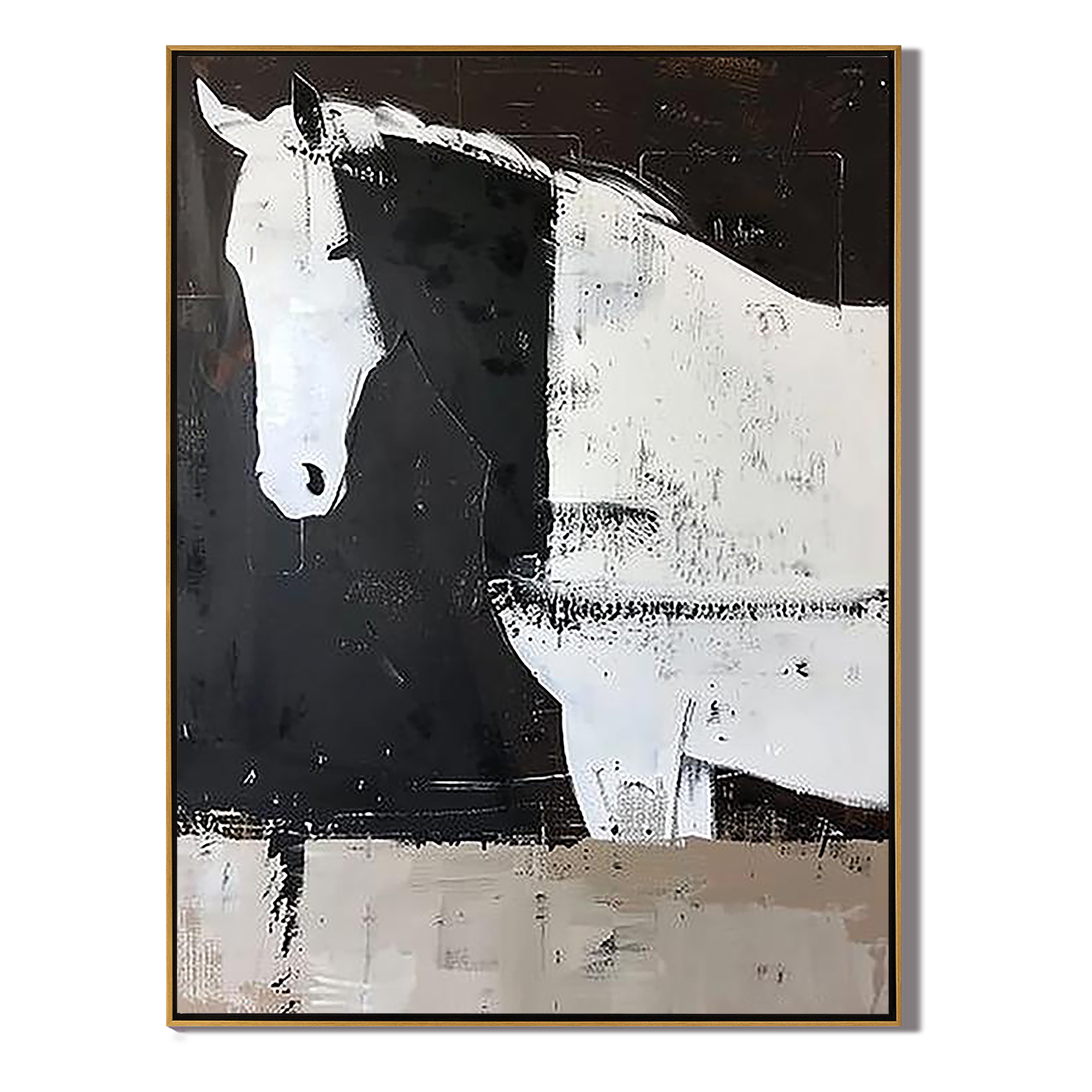 Silent Solitude – Modern Minimalist Black and White Horse Painting | Contemporary Textured Living Room Art