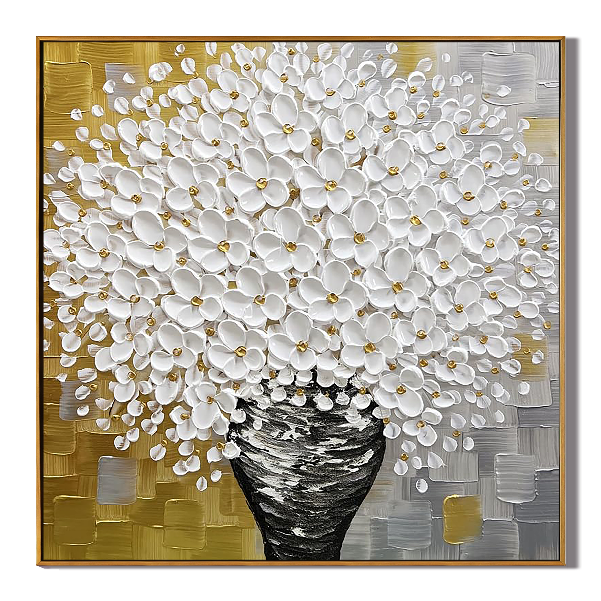 GOLDEN HARVEST: 3D Heavy Texture White Flower Wall Art, Luxury Gold and Grey Floral Relief