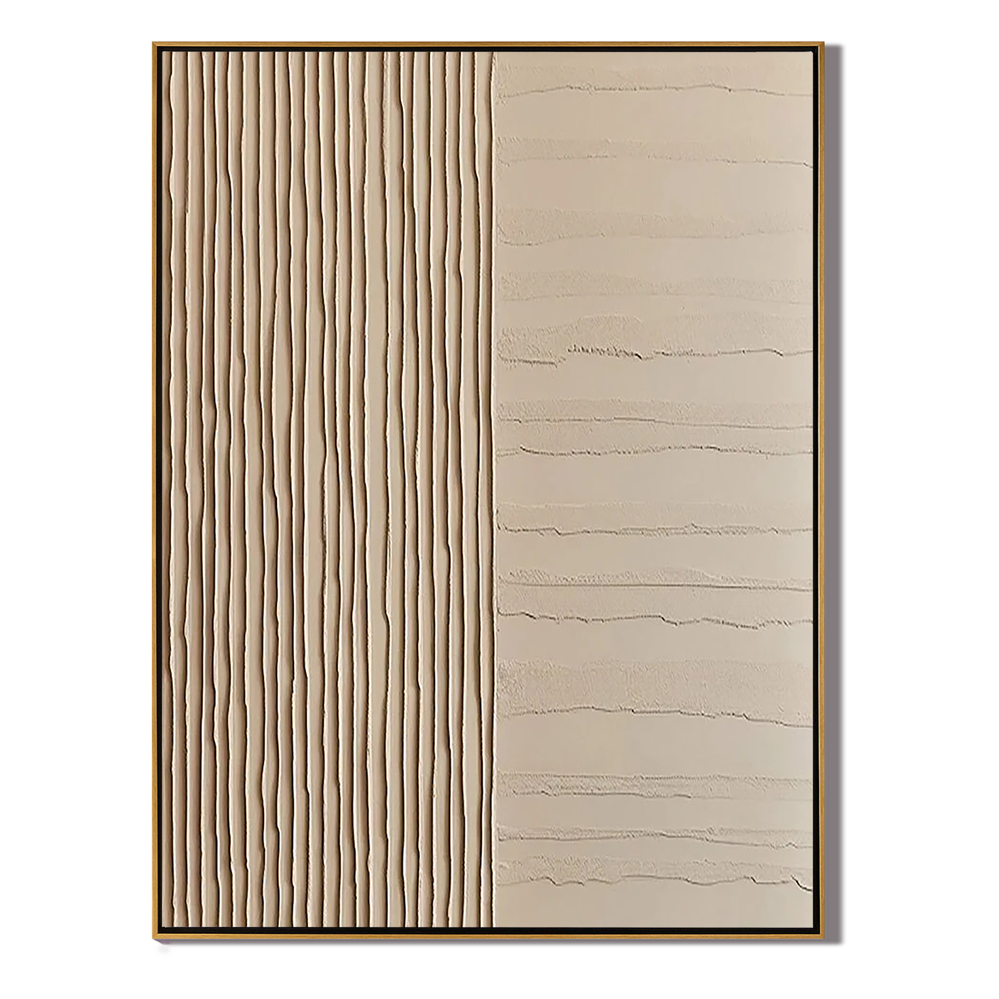 LINEAR HARMONY: Wabi-Sabi Wall Art, Hand-Painted Minimalist Beige Vertical Line Plaster Effect Relief Studio Art
