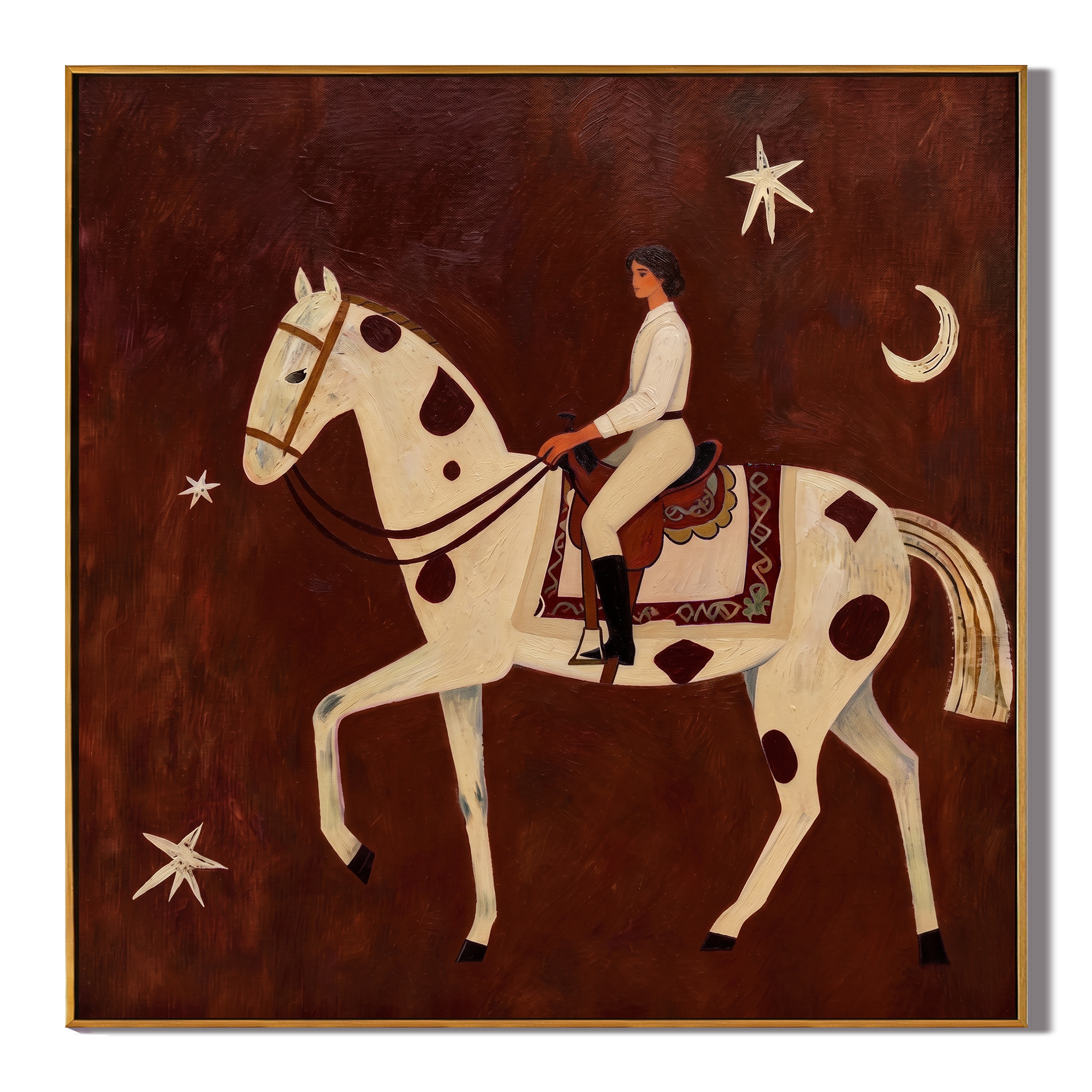 The Starry Canter – Magical Realism Horse & Rider Painting | Whimsical Rustic Entryway Art
