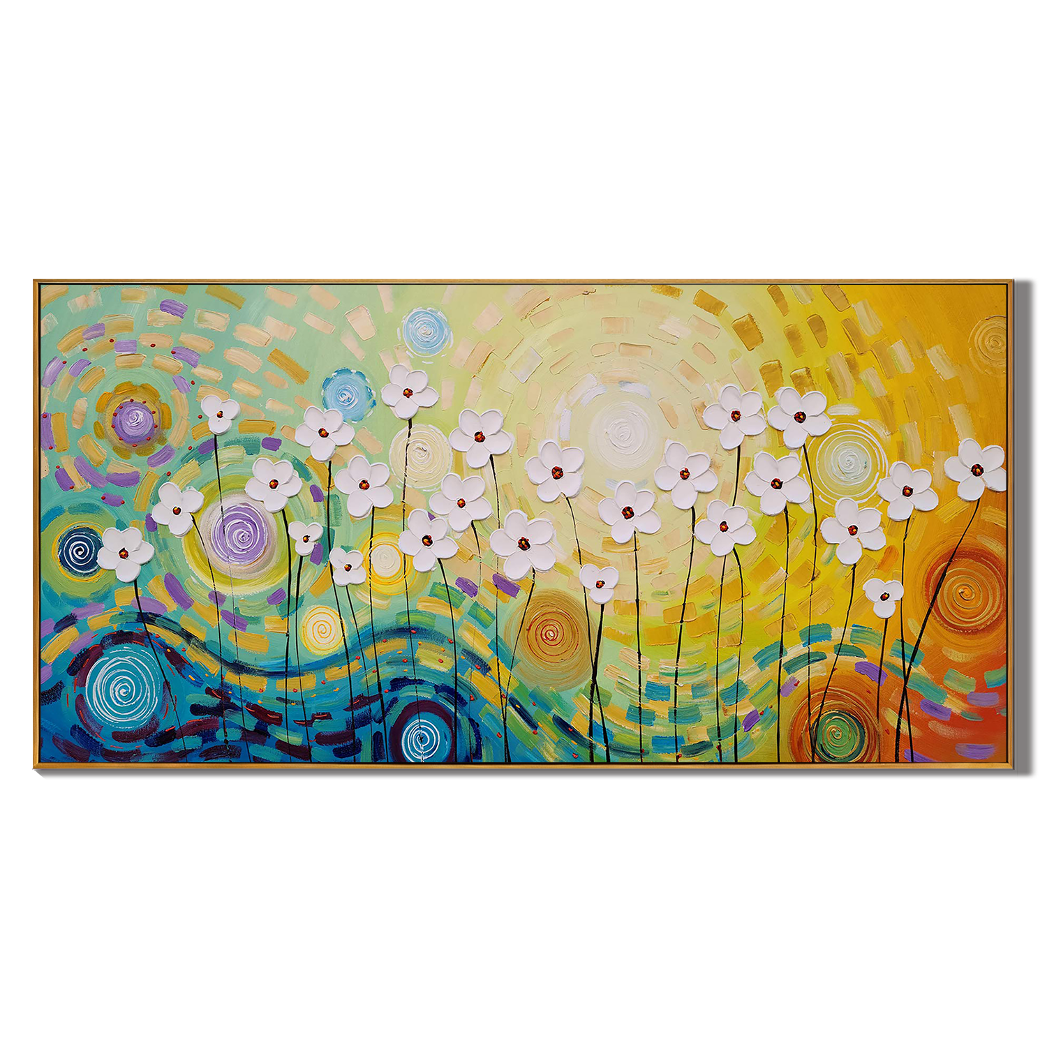 SUNLIGHT VORTEX: Panoramic 3D Heavy Texture Floral Wall Art, Vibrant Van Gogh Style Flower Relief