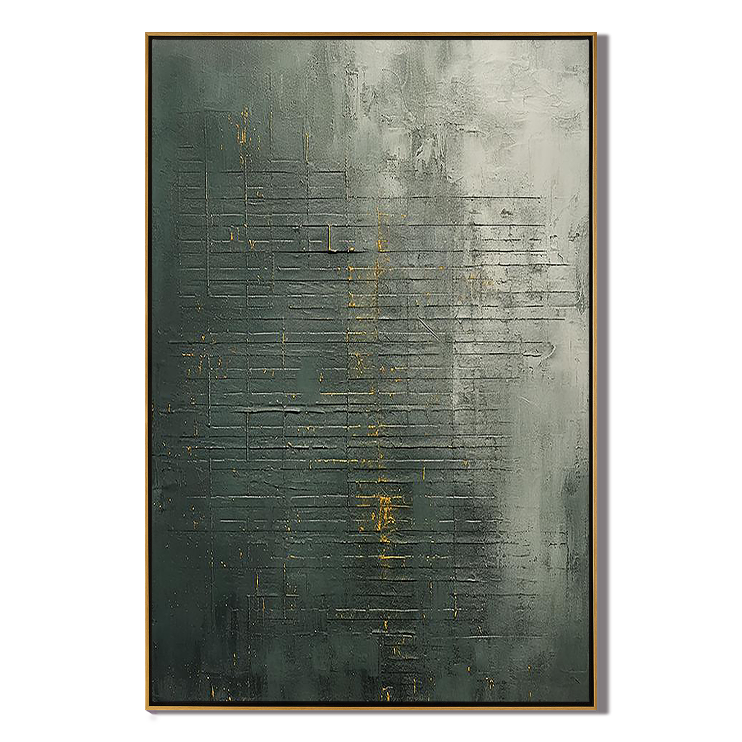 GOLDEN PATINA: Wabi-Sabi Wall Art, Hand-Painted Distressed Dark Green Gold Foil Plaster Relief Canvas Painting