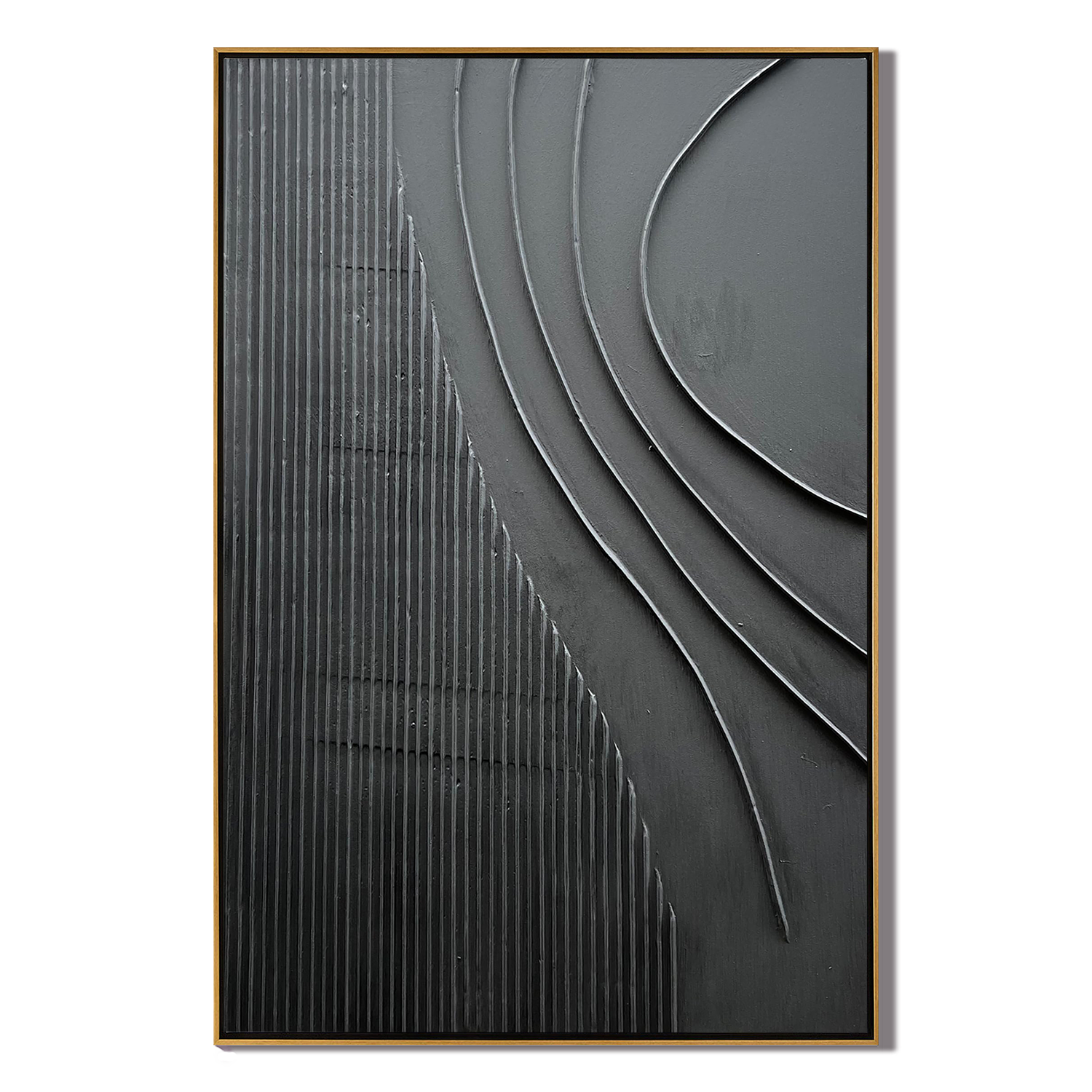 OBSIDIAN FLOW: Modern 3D Linear Black Wall Art, Minimalist Wave Relief Painting