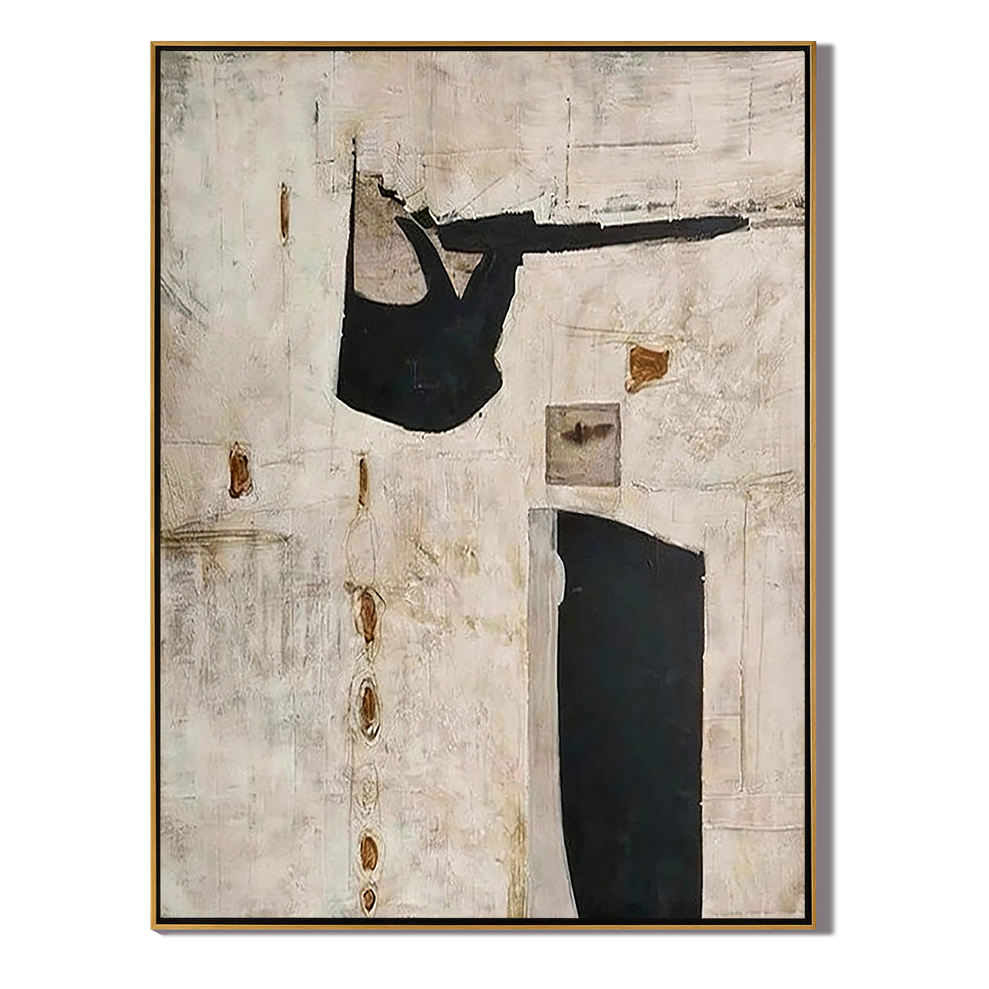 ANCIENT ECHO: Wabi-Sabi Abstract Wall Art, Modern Neutral Plaster Relief with Black Geometric Shapes