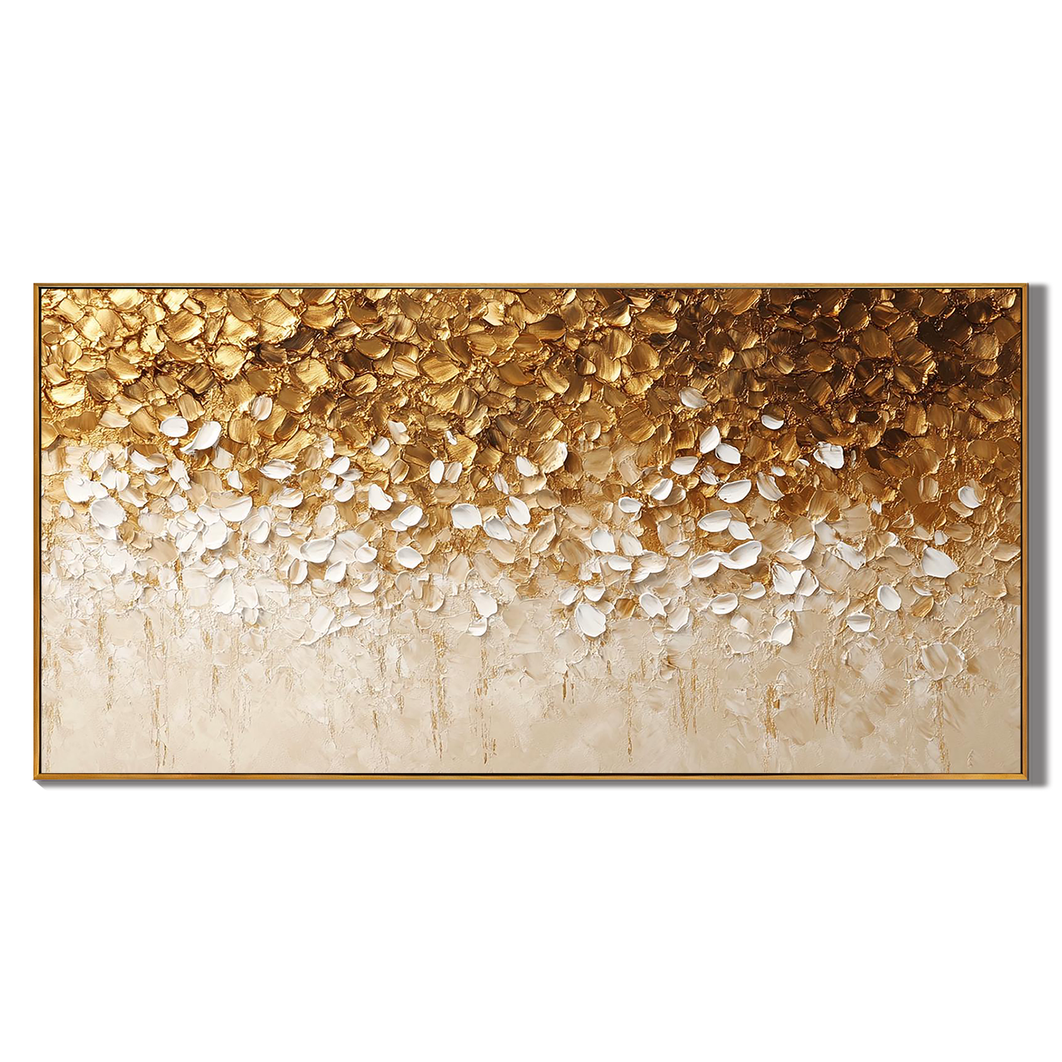 GOLDEN CASCADE: Floral Wall Art, Hand-Painted Horizontal Gold Foil and White 3D Textured Glitter Plaster Gallery Art