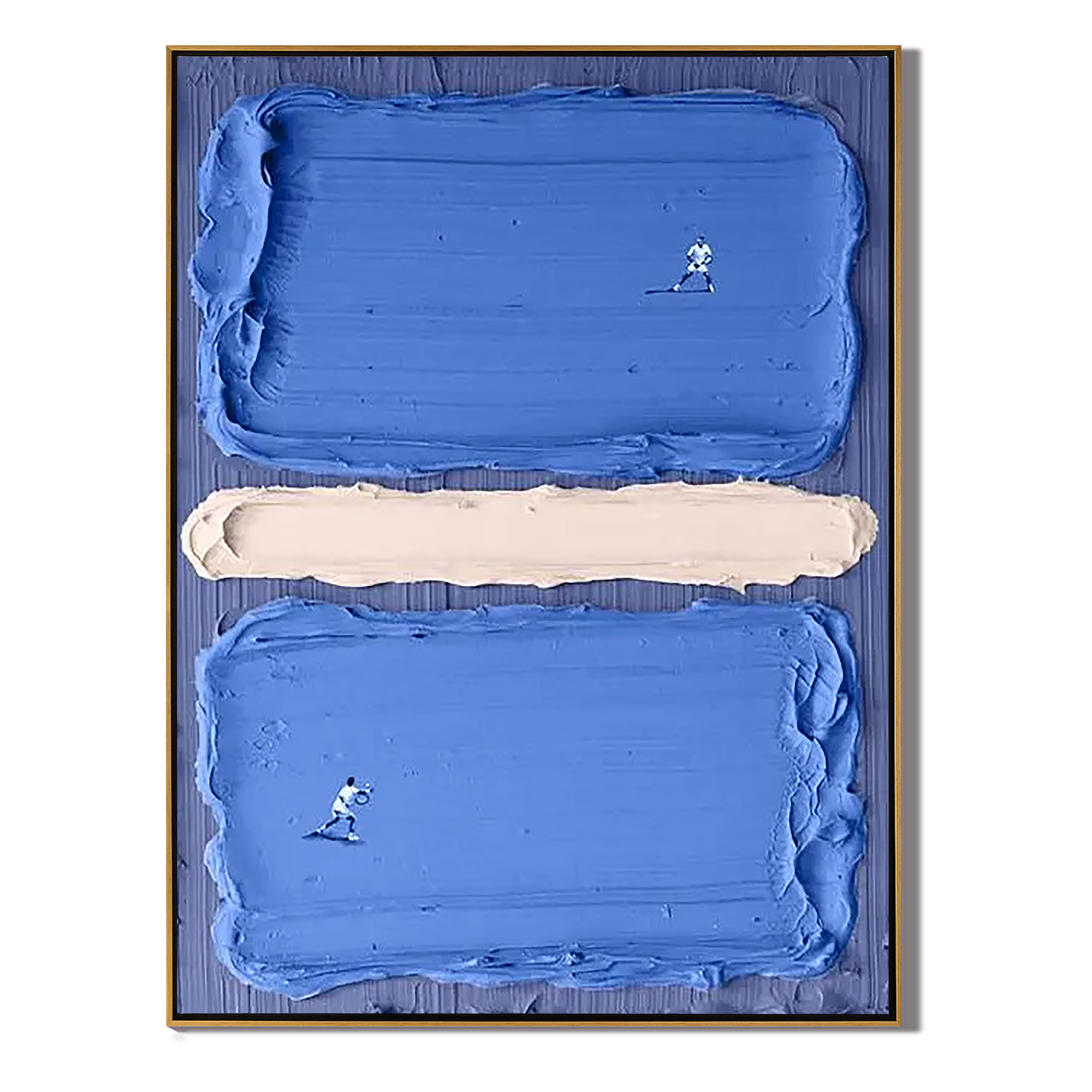 COURT HORIZON: Sport Wall Art, Hand-Painted Deep Blue Tennis Court Athletes 3D Heavy Texture Impasto Canvas Painting