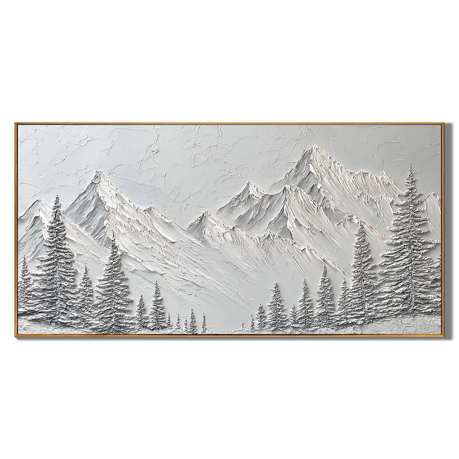 SNOW PEAK: Panoramic 3D Heavy Texture Mountain Wall Art, Modern White Pine & Peak Relief