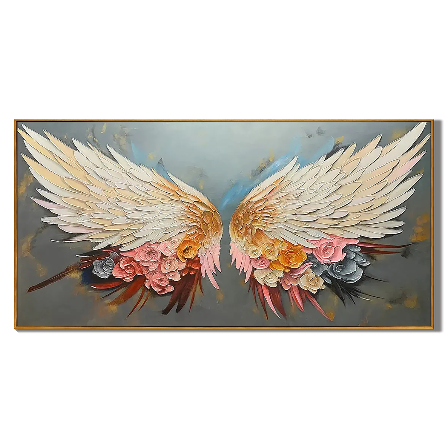 ANGELIC BLOOM: Panoramic 3D Heavy Texture Wing Wall Art, White Feather & Pink Floral Relief