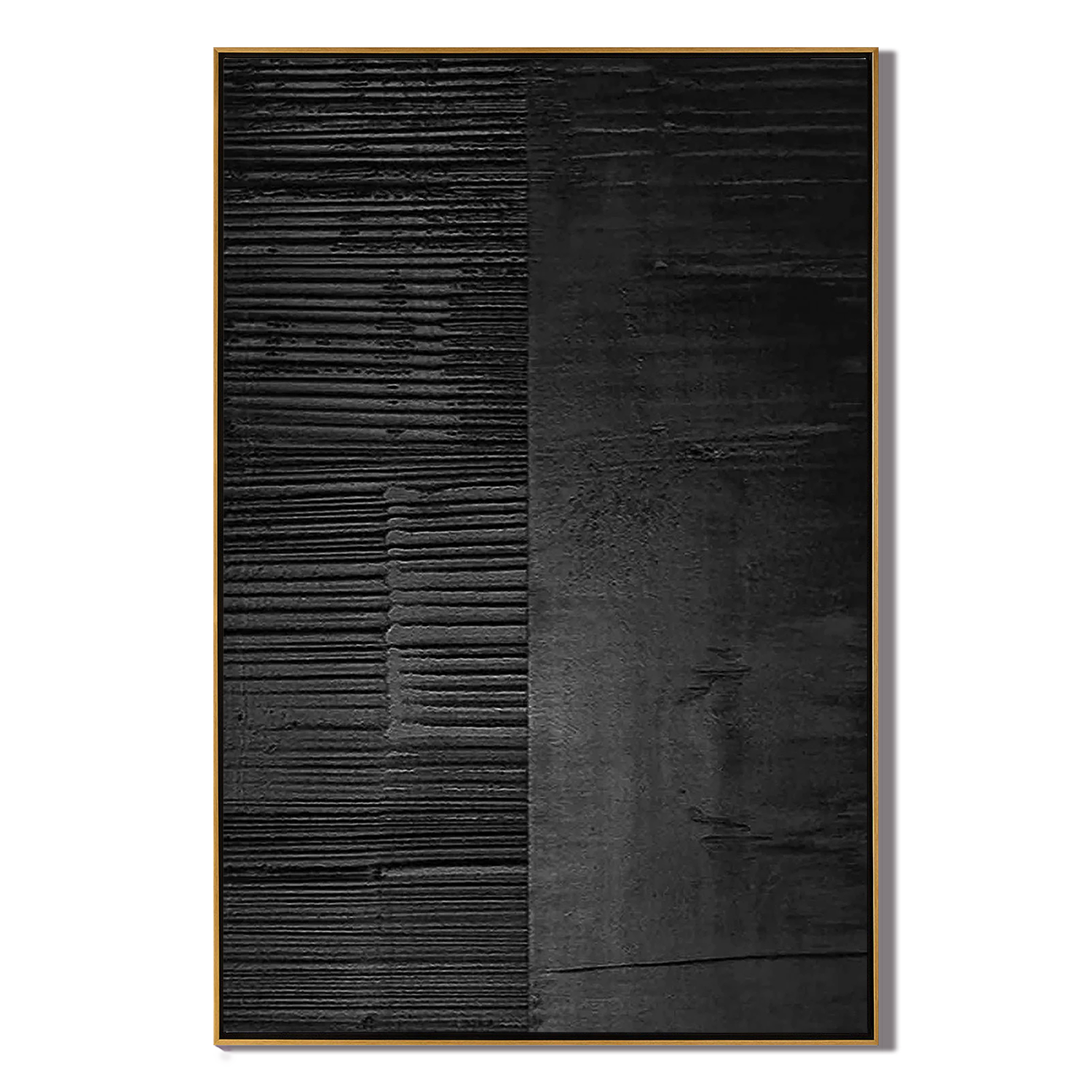 CARBON GRID: Wabi-Sabi Wall Art, Hand-Painted Pure Black Plaster Effect Industrial Line Relief Studio Art