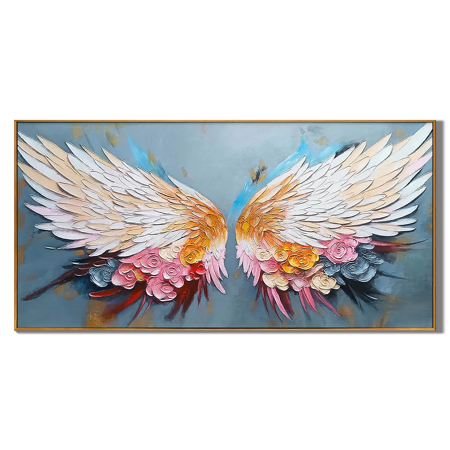 CELESTIAL WINGS: Angel Wings Wall Art, Hand-Painted Floral Palette Knife 3D Impasto Heavy Texture Canvas Painting