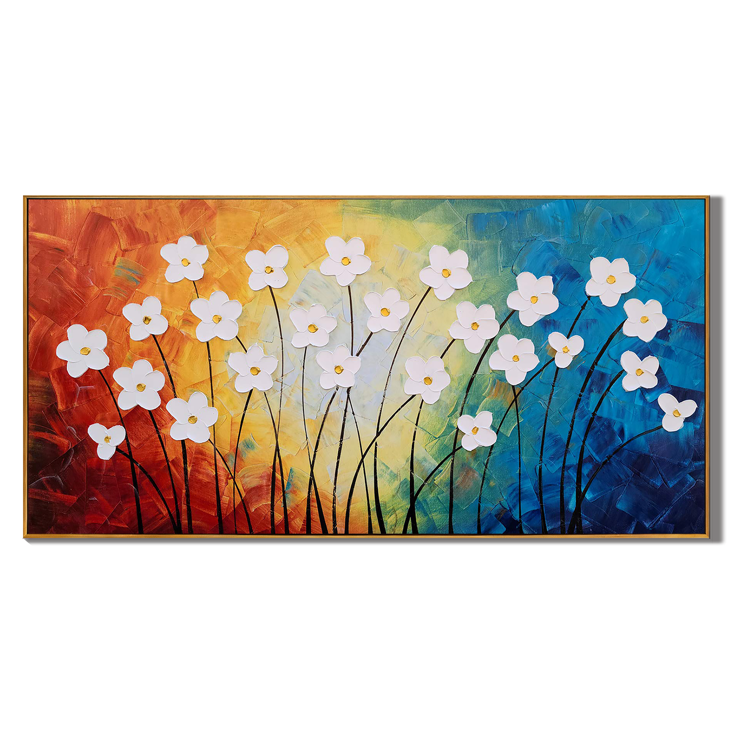 VIVID BLOOM: Panoramic 3D Heavy Texture Floral Wall Art, Vibrant Wildflower Relief