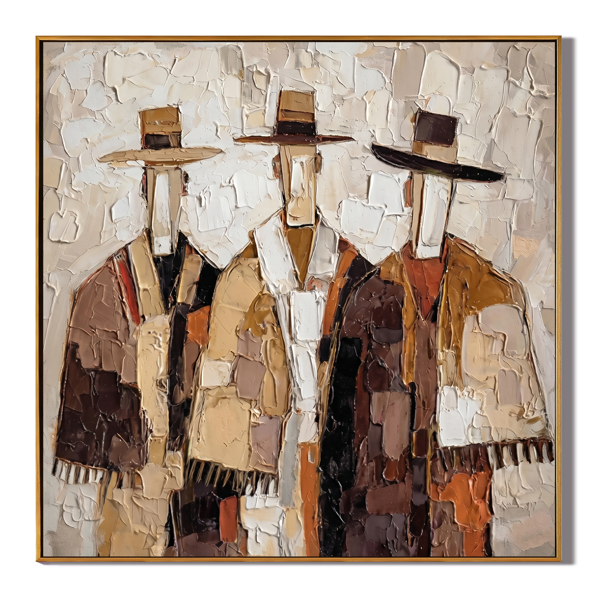 The Quiet Assembly – Mid-Century Neo-Expressionist Figures Heavy Impasto Painting | Earth Tone Palette Knife Abstract Portrait Canvas for Modern Living Room & Study