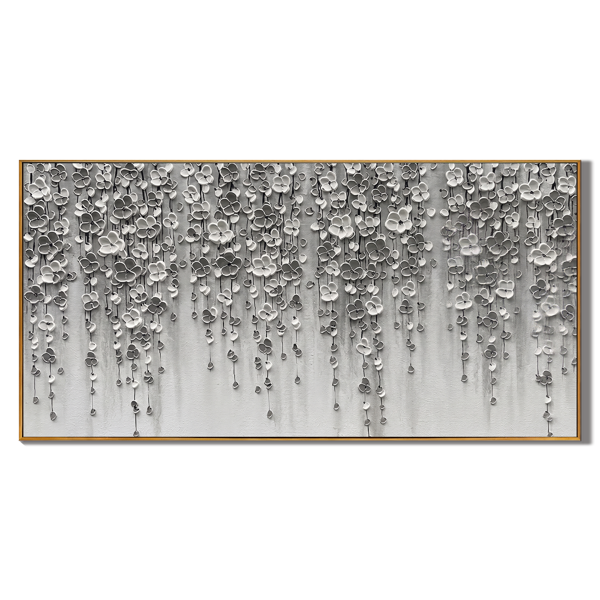 Whispering Shadows – Modern Minimalist Monochrome Oil Painting | Impasto Cascading Petal Living Room Art