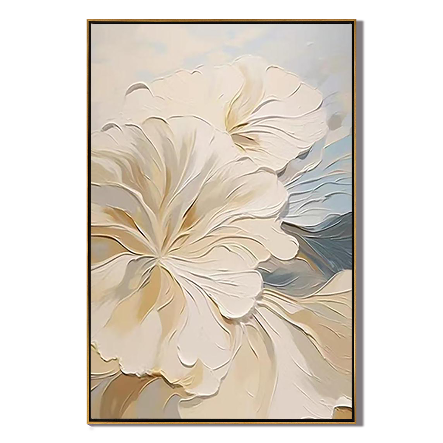 AETHER BLOOM: Flower-Tree Art, Hand-Painted Pale Blue and Gold 3D Impasto Palette Knife Heavy Texture Studio Art