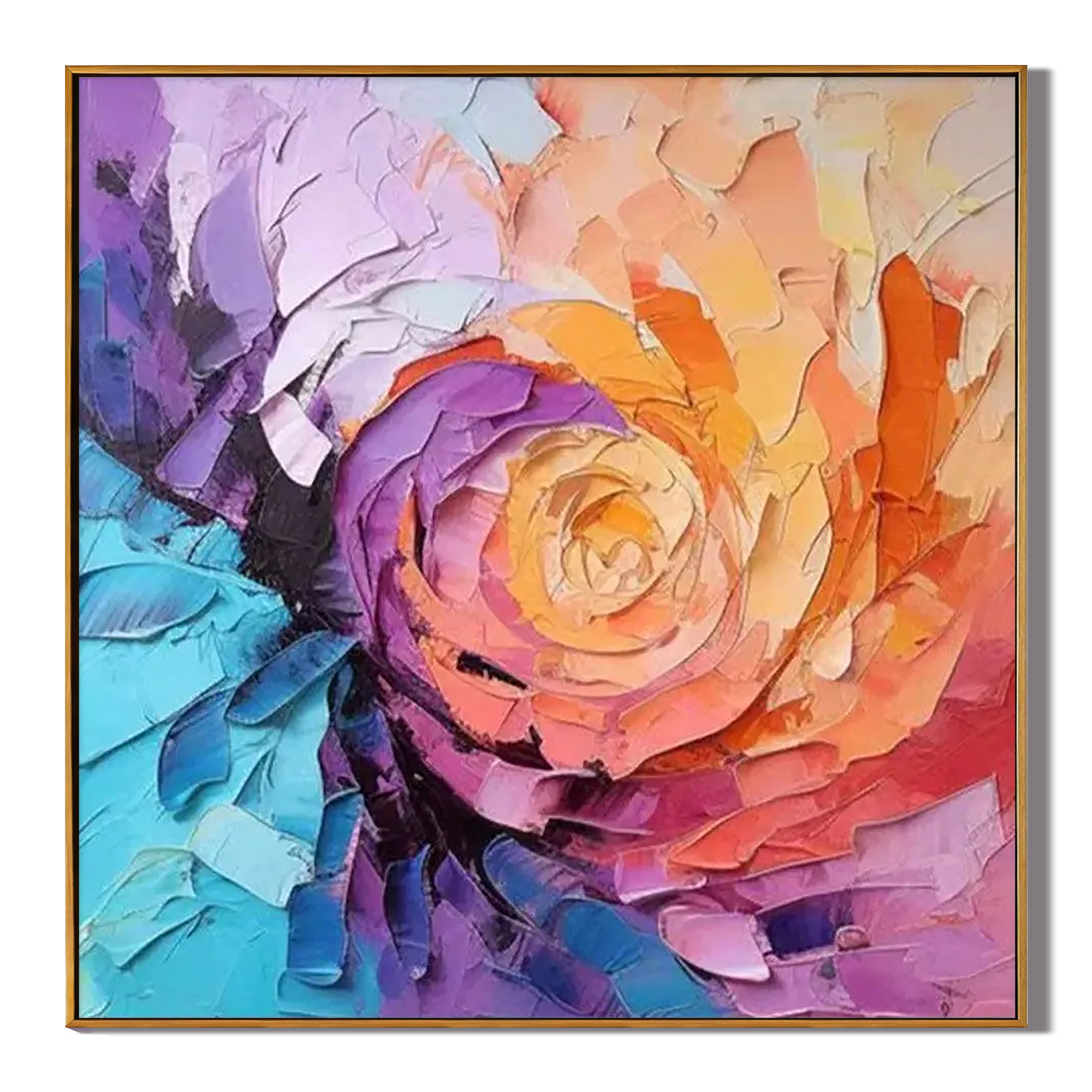 VORTEX BLOOM: Square 3D Heavy Texture Abstract Wall Art, Vibrant Rainbow Palette Knife Canvas