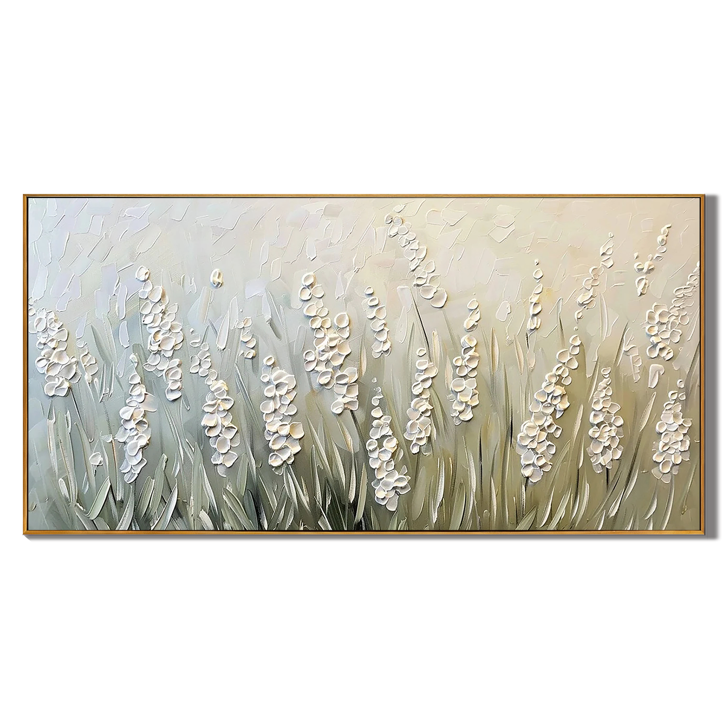 WILD LAVENDER: Floral Wall Art, Hand-Painted Horizontal Sage Green 3D Impasto Heavy Texture Plaster Canvas Painting