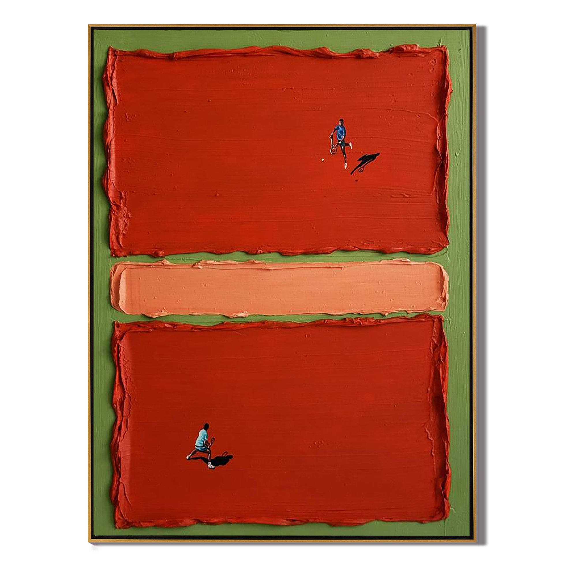 VIVID RACE: Creative Miniature People Oil Painting, Heavy Texture Red Block Abstract Art