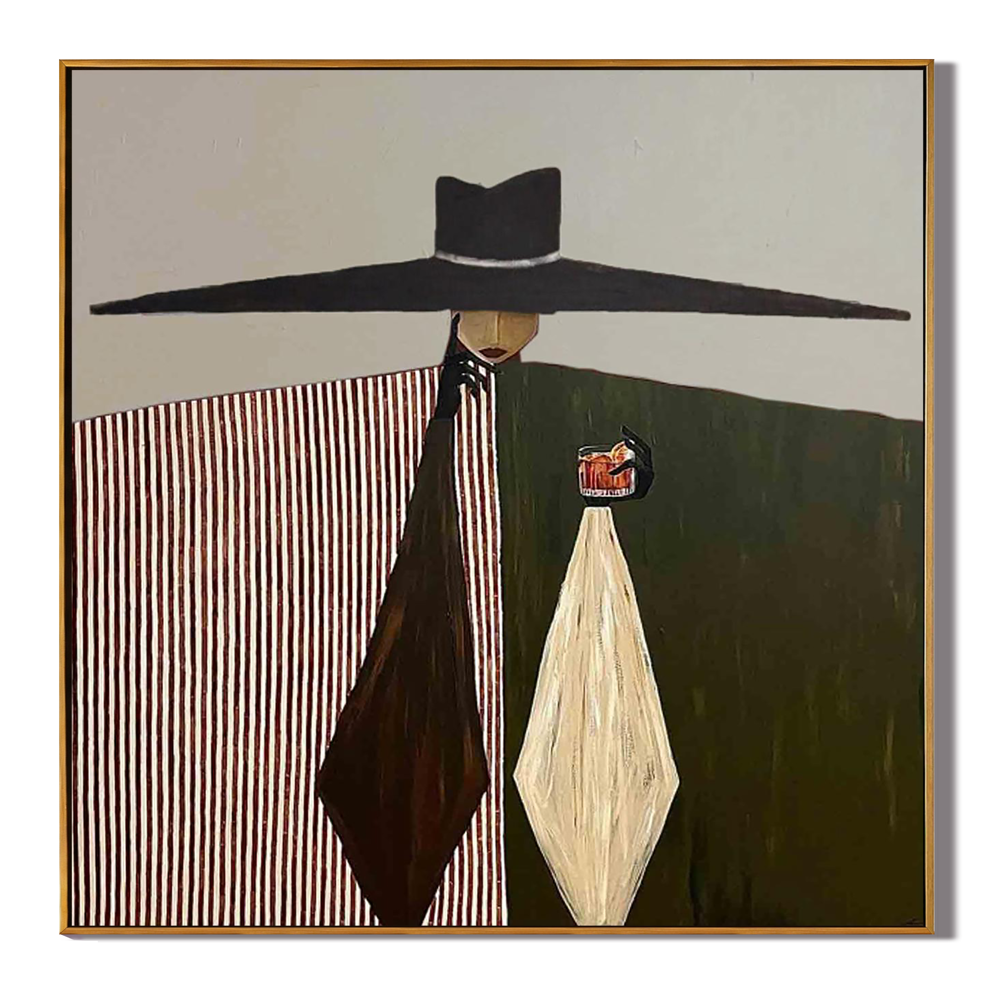 The Midnight Monologue – Surrealistic Modern Woman with Over-sized Hat Painting | Retro Elegant Living Room Art