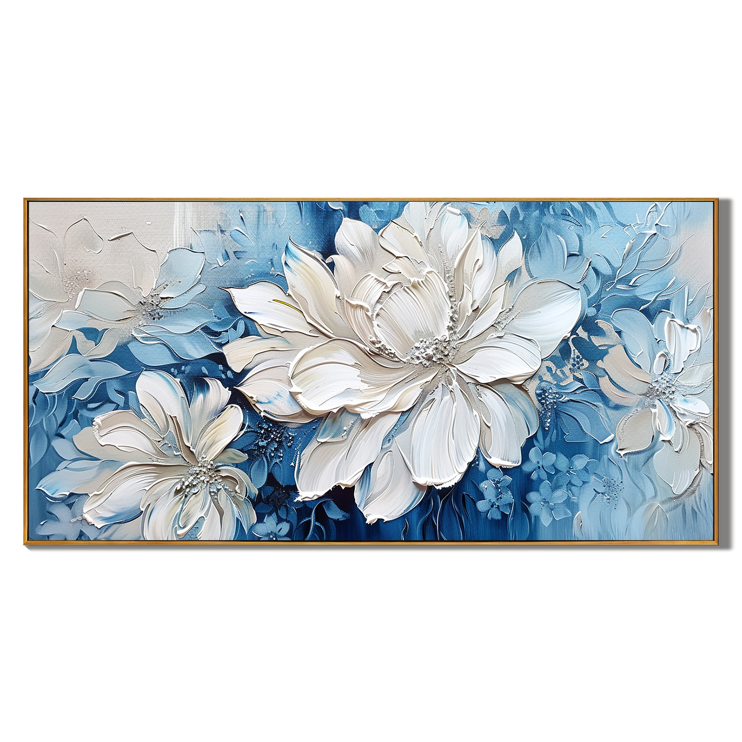 FROZEN PETAL: Panoramic Heavy Impasto White Flower Painting, 3D Textured Floral Art