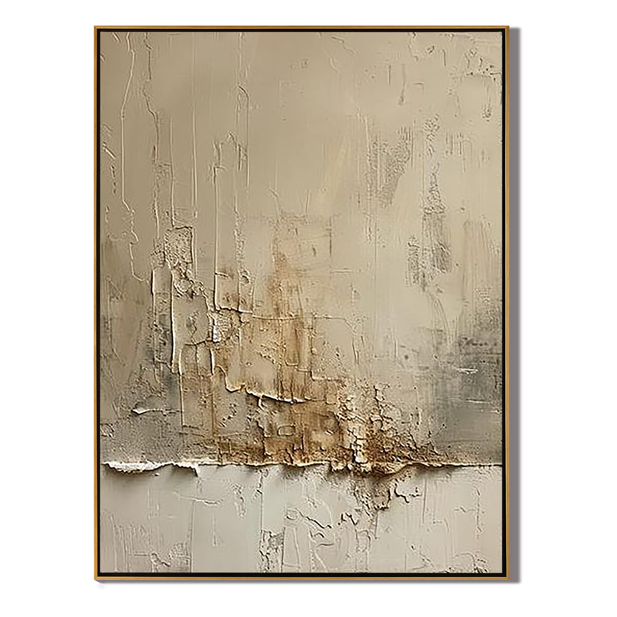 ARCTIC STRATA: Texture Wall Art, Hand-Painted Off-White and Metallic Gold Plaster Relief Heavy Texture Canvas Painting