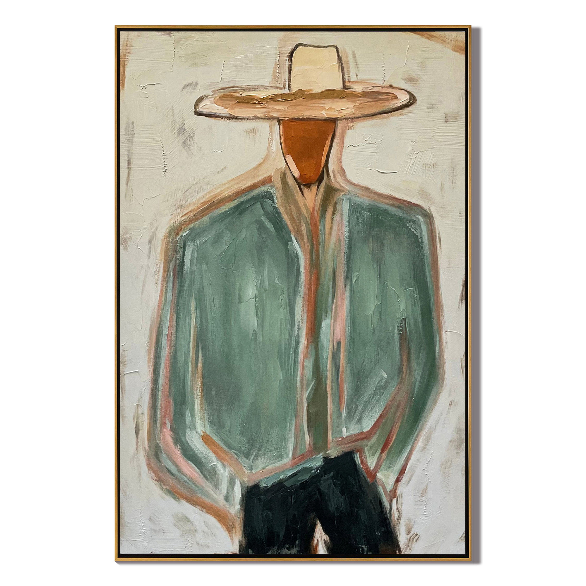 The Wanderer's Soul - Modern Sage Green Cowboy Figurative Painting | Mid-Century Abstract Entryway Art