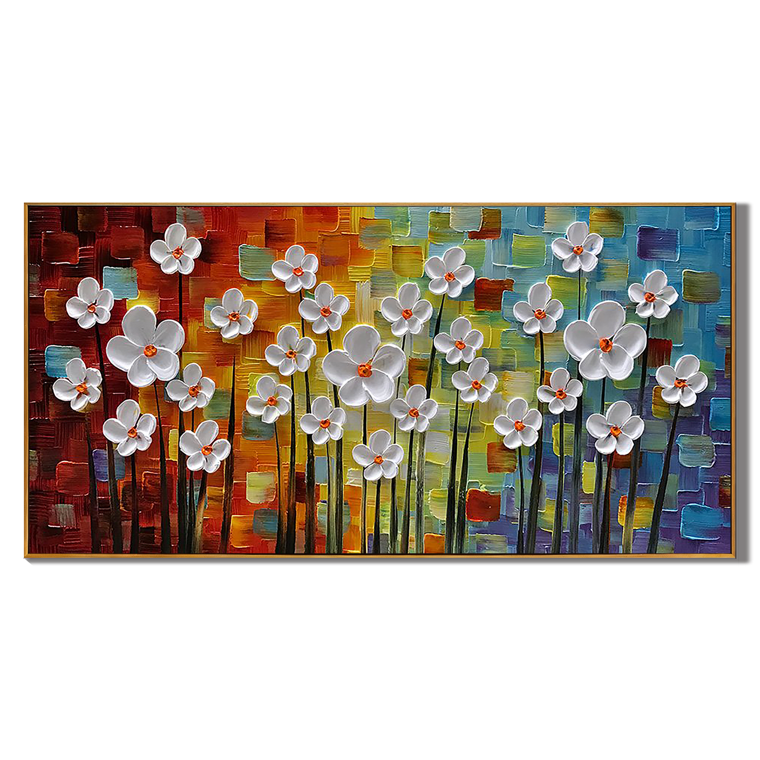 RAINBOW BLOOM: Panoramic 3D Heavy Texture Floral Wall Art, Vibrant Mosaic Background Relief