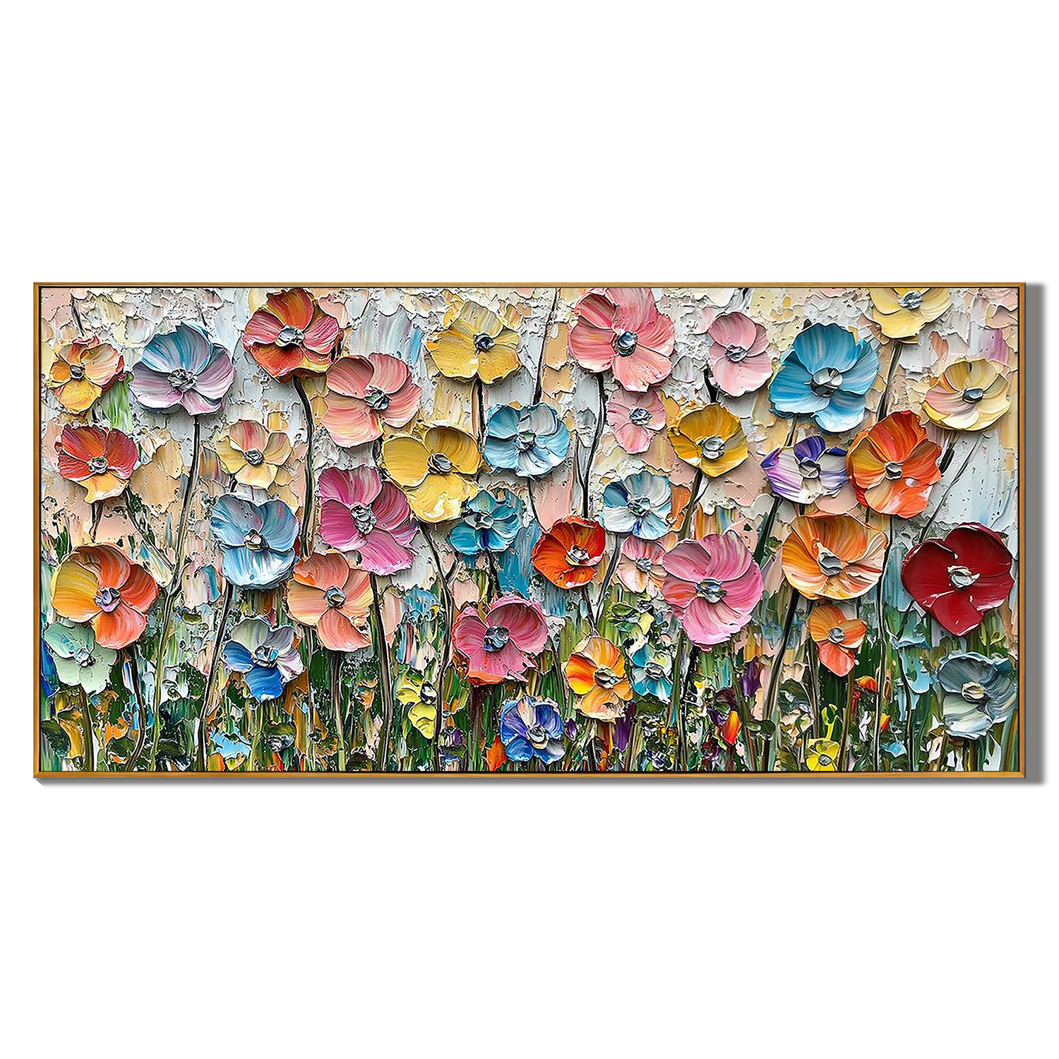 SUMMER SYMPHONY: Panoramic 3D Heavy Texture Floral Wall Art, Vibrant Wildflower Meadow Impasto