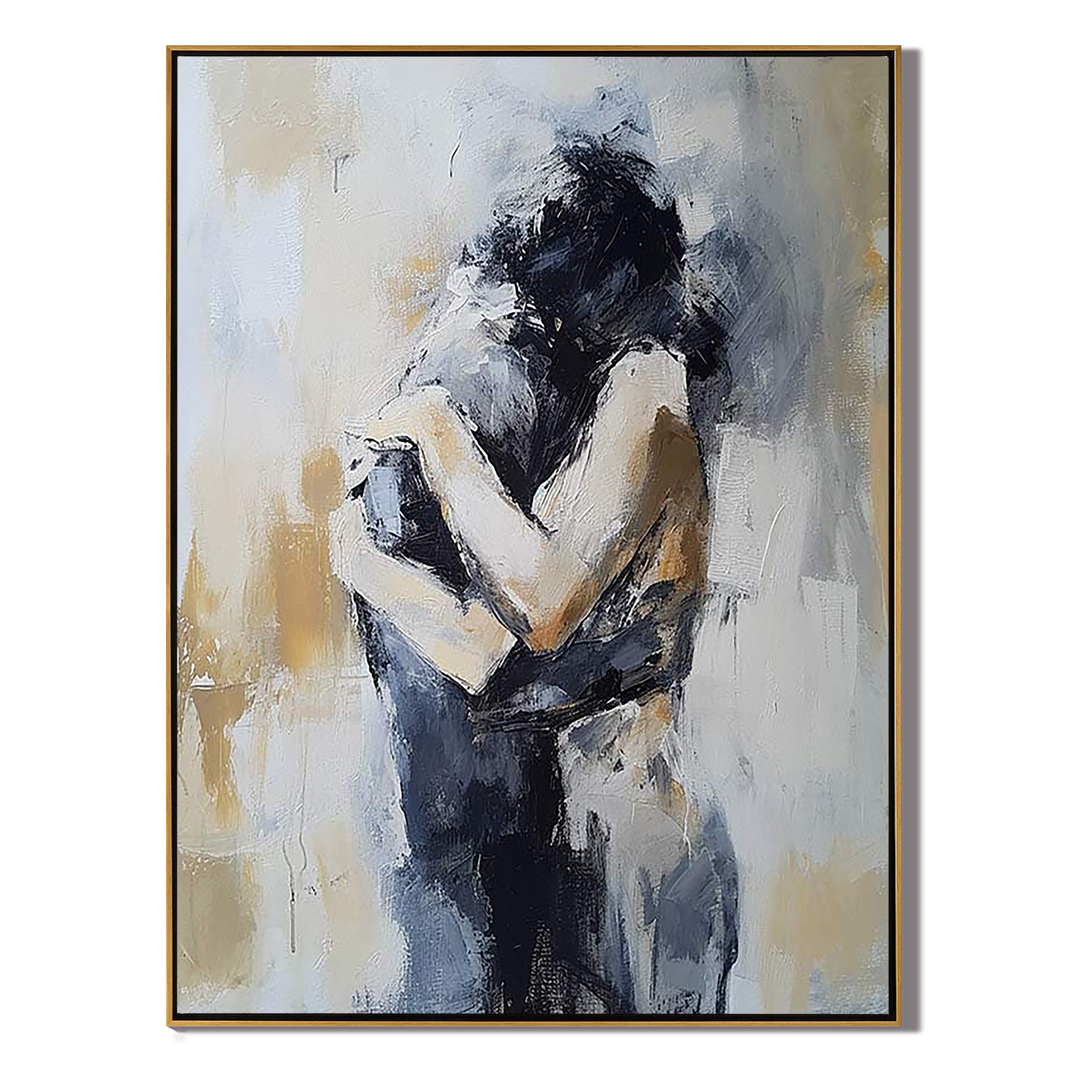 SILENT EMBRACE: Modern Abstract Lovers Portrait, Heavy Texture Couple Silhouette Painting
