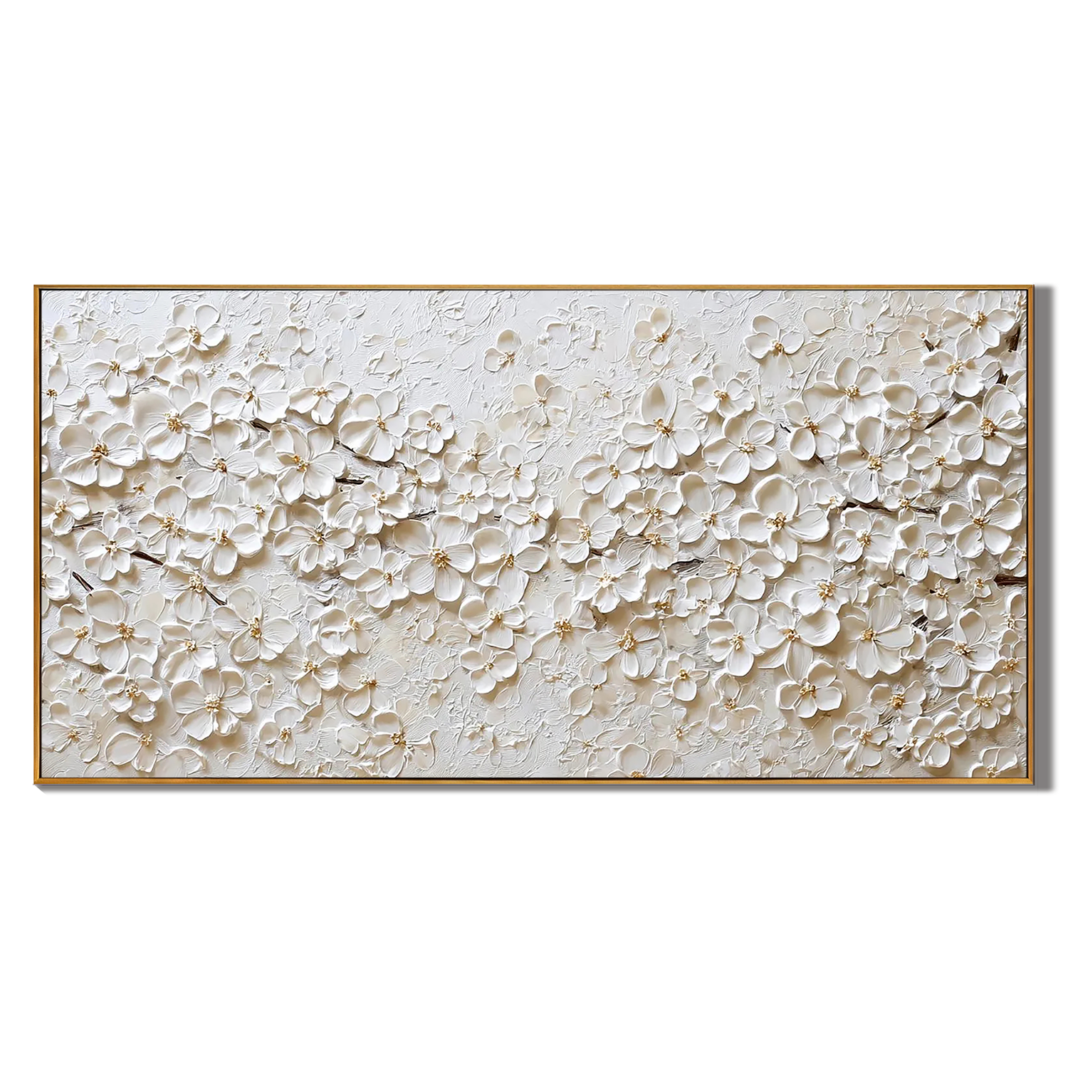 Champagne Melodies – Luxury All-White Floral Heavy Textured Painting | Large Horizontal Living Room Art
