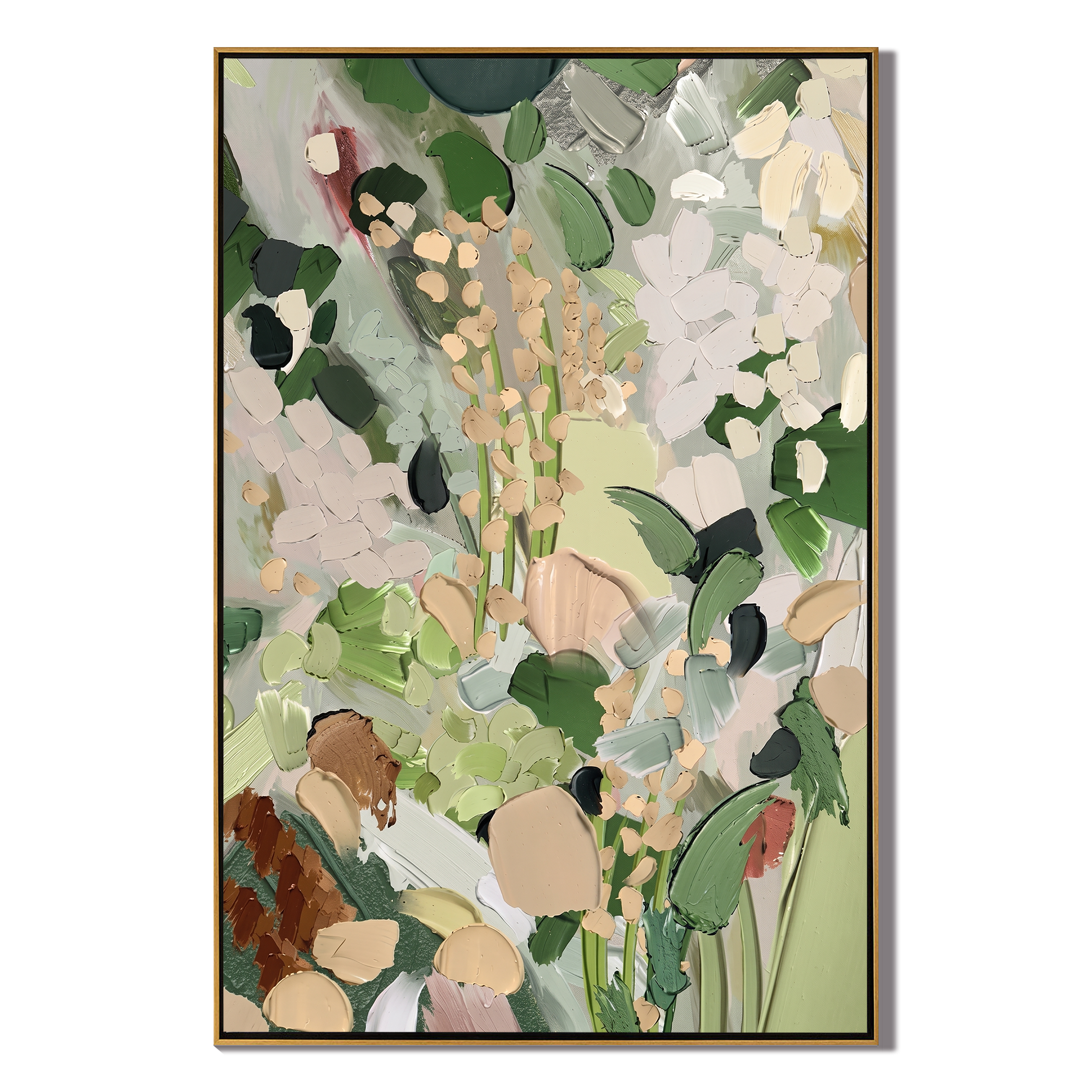 The Secret Garden – Modern Sage Green Impasto Floral Painting | Organic Living Room Vertical Canvas Art