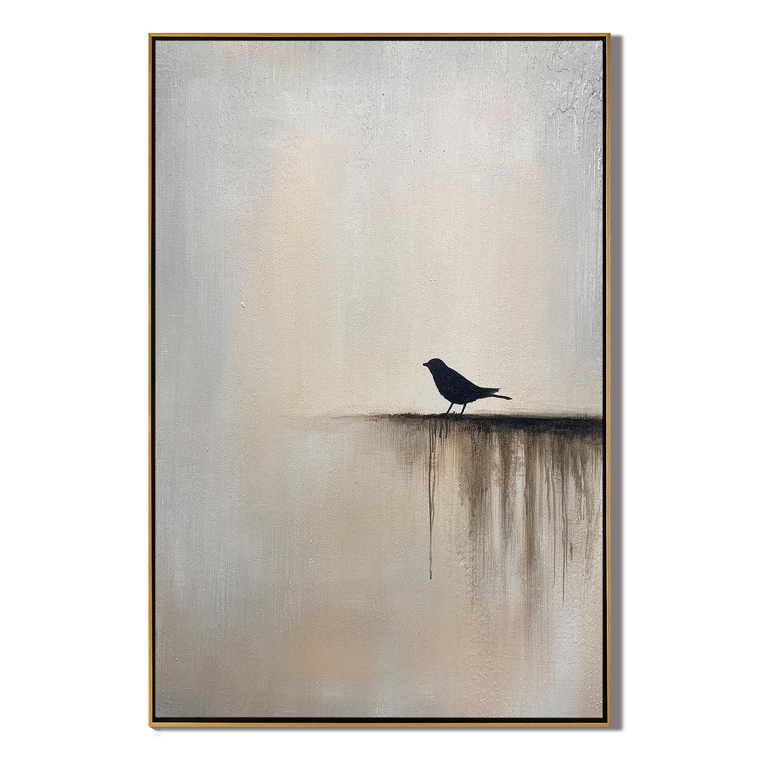 The Silent Roost – Wabi-Sabi Minimalist Solitary Bird Painting | Modern Warm Grey Home Office Art
