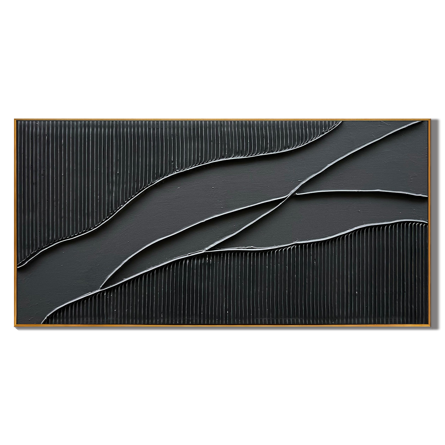 OBSIDIAN FLOW: Minimalist Black and Silver Wall Art, Modern 3D Linear Abstract Painting