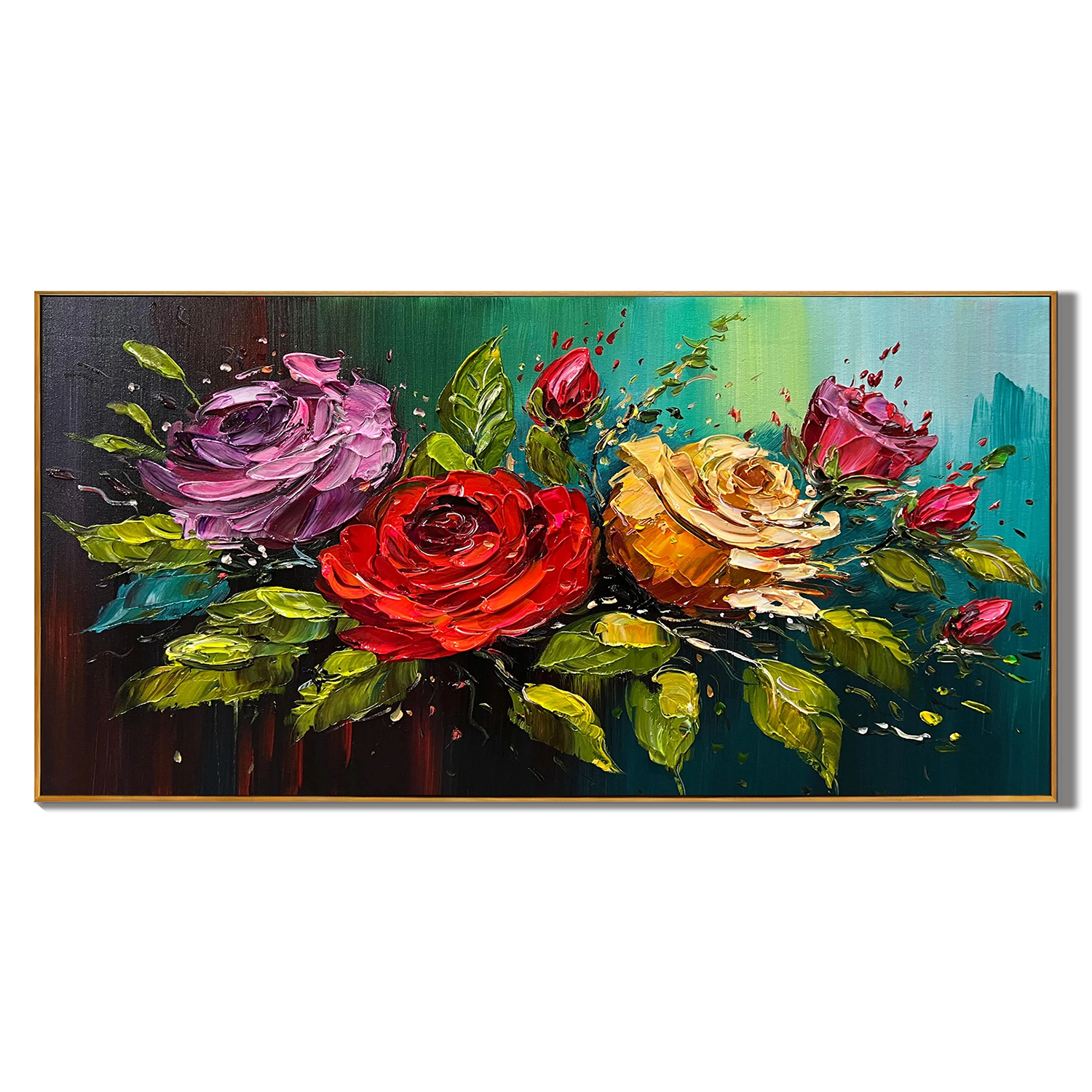 VELVET ROSES: Panoramic 3D Heavy Texture Flower Wall Art, Vibrant Floral Relief Painting