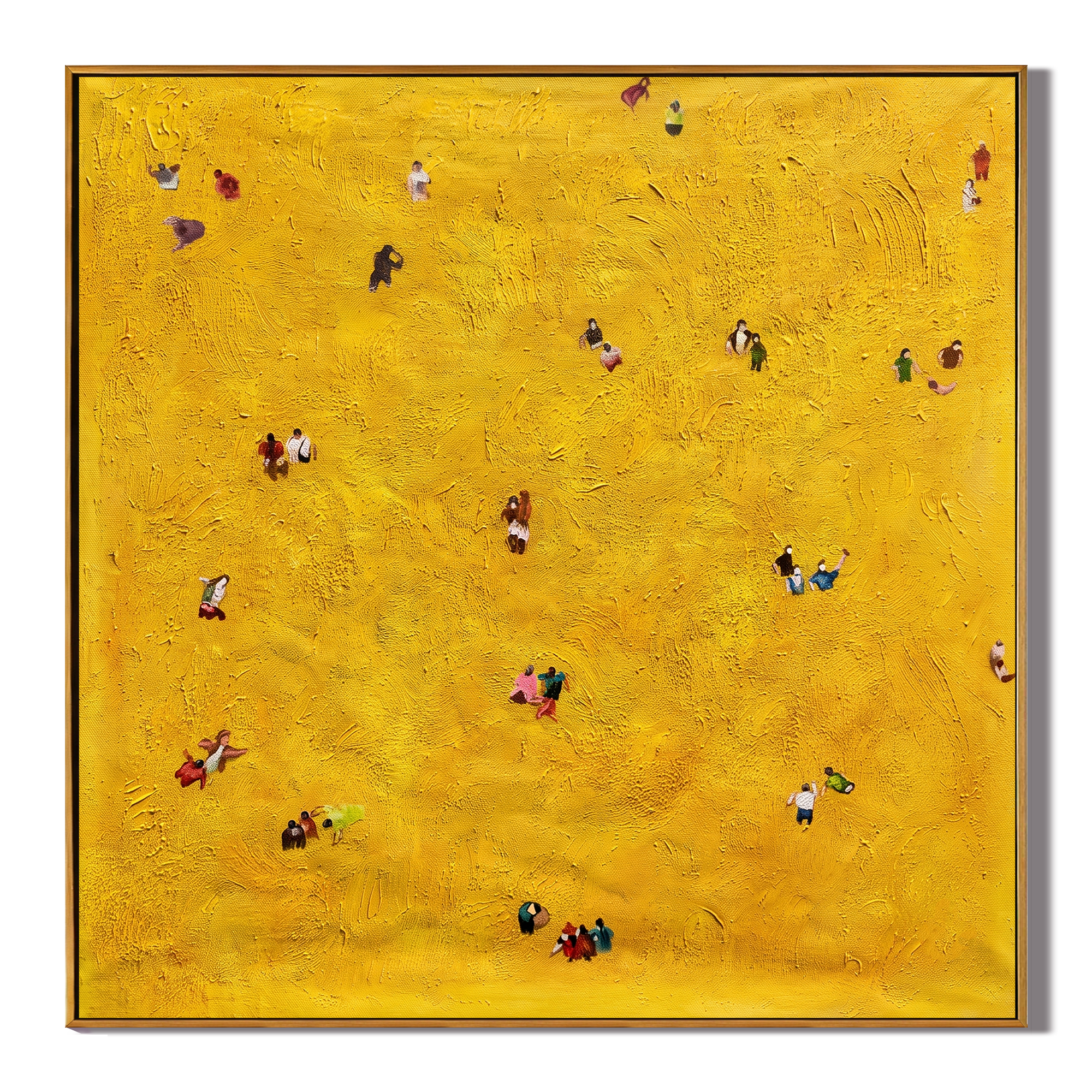 Golden Wanderers – Aerial Mustard-Gold Figures Painting | Contemporary Minimalist Living Room Art