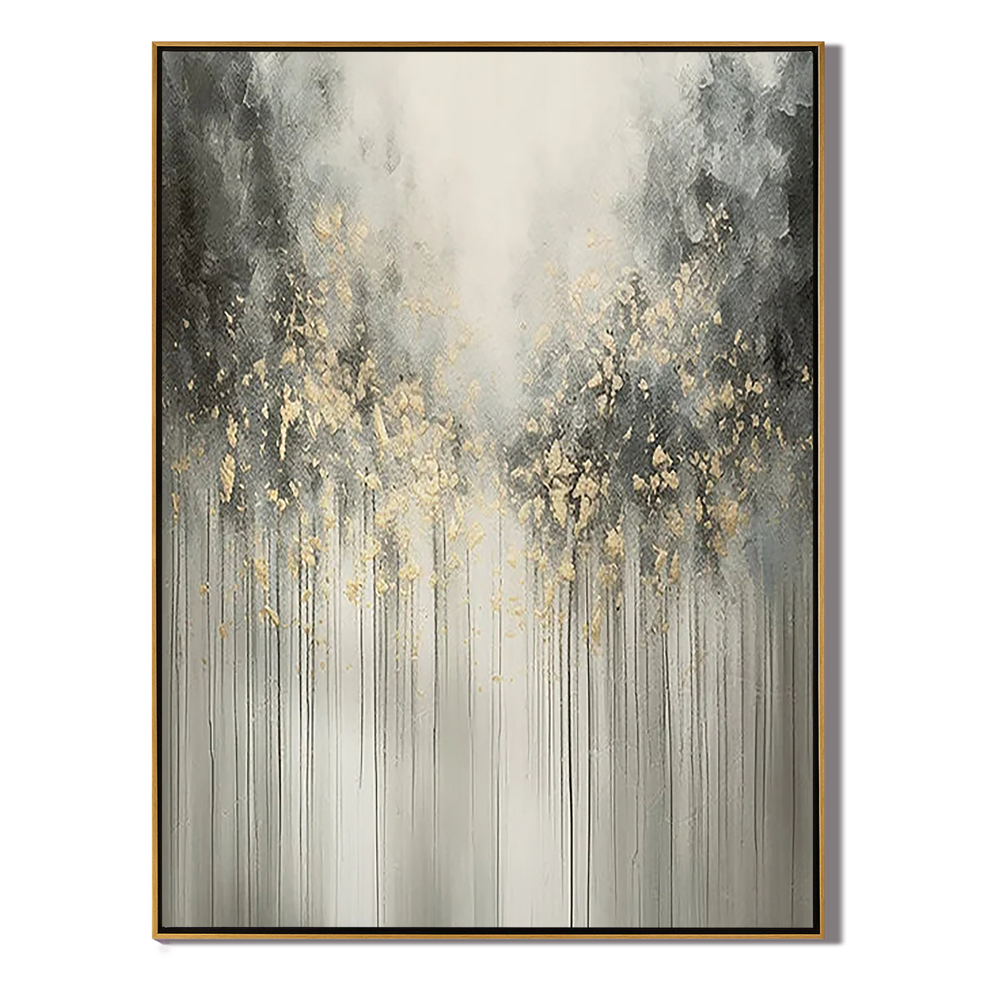 GOLDEN RAIN: Modern Vertical 3D Heavy Texture Wall Art, Abstract Grey & Gold Drip Relief