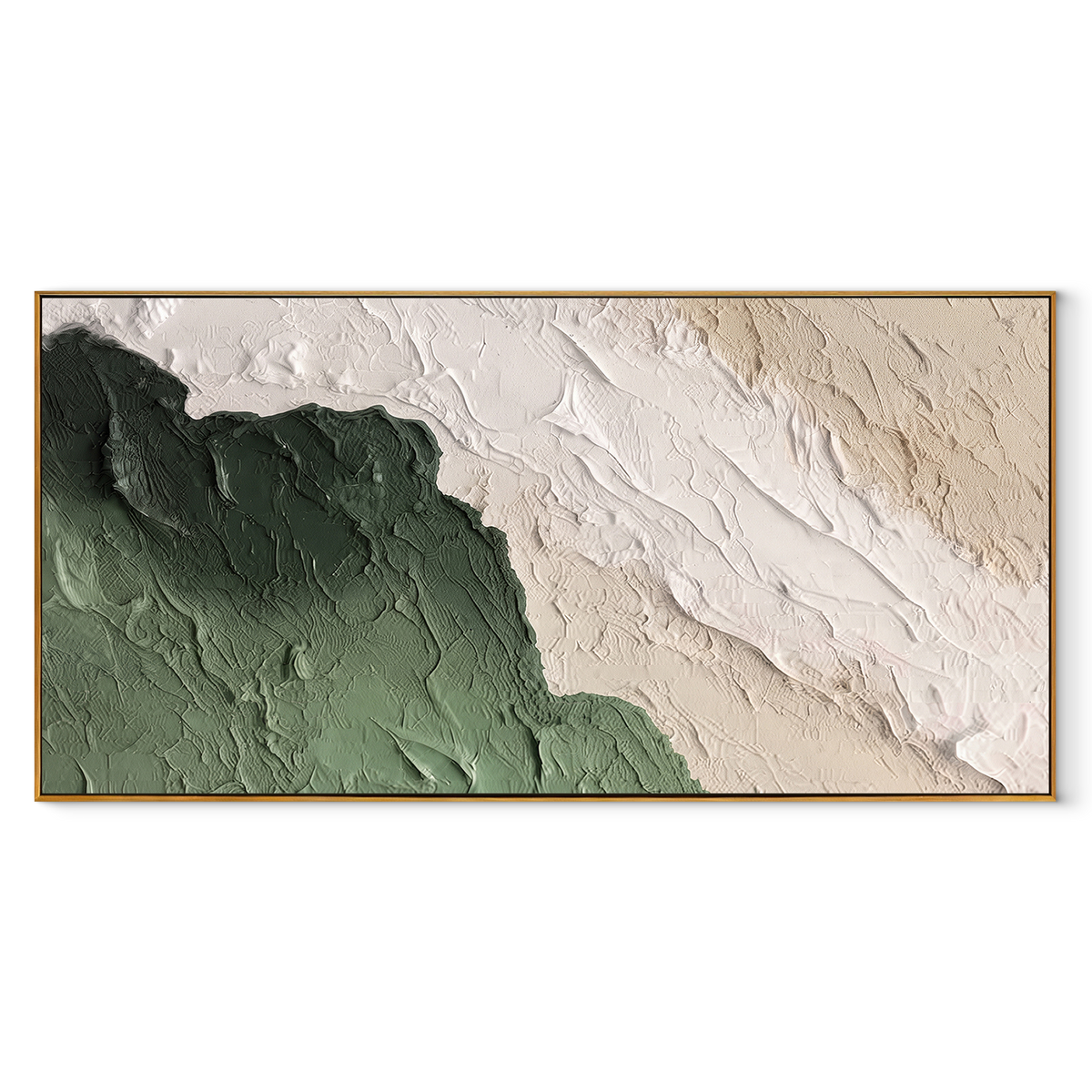 Forest Edge in Relief – Green White Layered Relief Painting | Modern Horizontal Wall Art