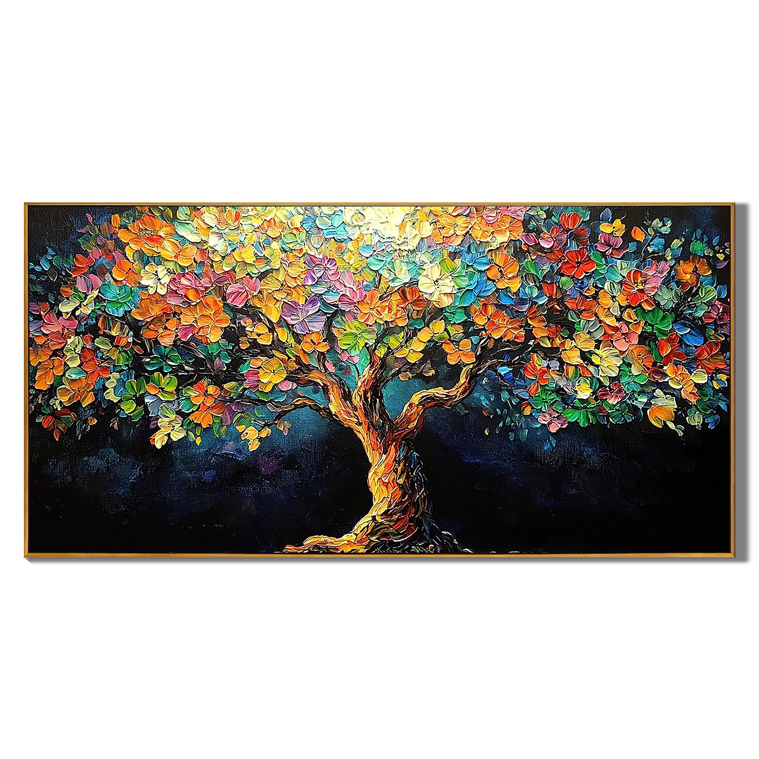 PRISMATIC LIFE: Flower-Tree Art, Hand-Painted Horizontal Vibrant Multicolored 3D Impasto Palette Knife Heavy Texture Studio Art