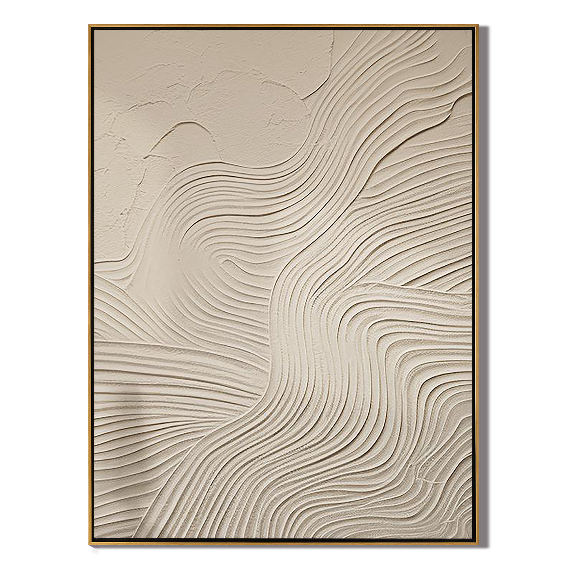 ZEN RIPPLE: Wabi-Sabi Wall Art, Hand-Painted Beige Organic Wave Line Plaster Effect 3D Textured Studio Art