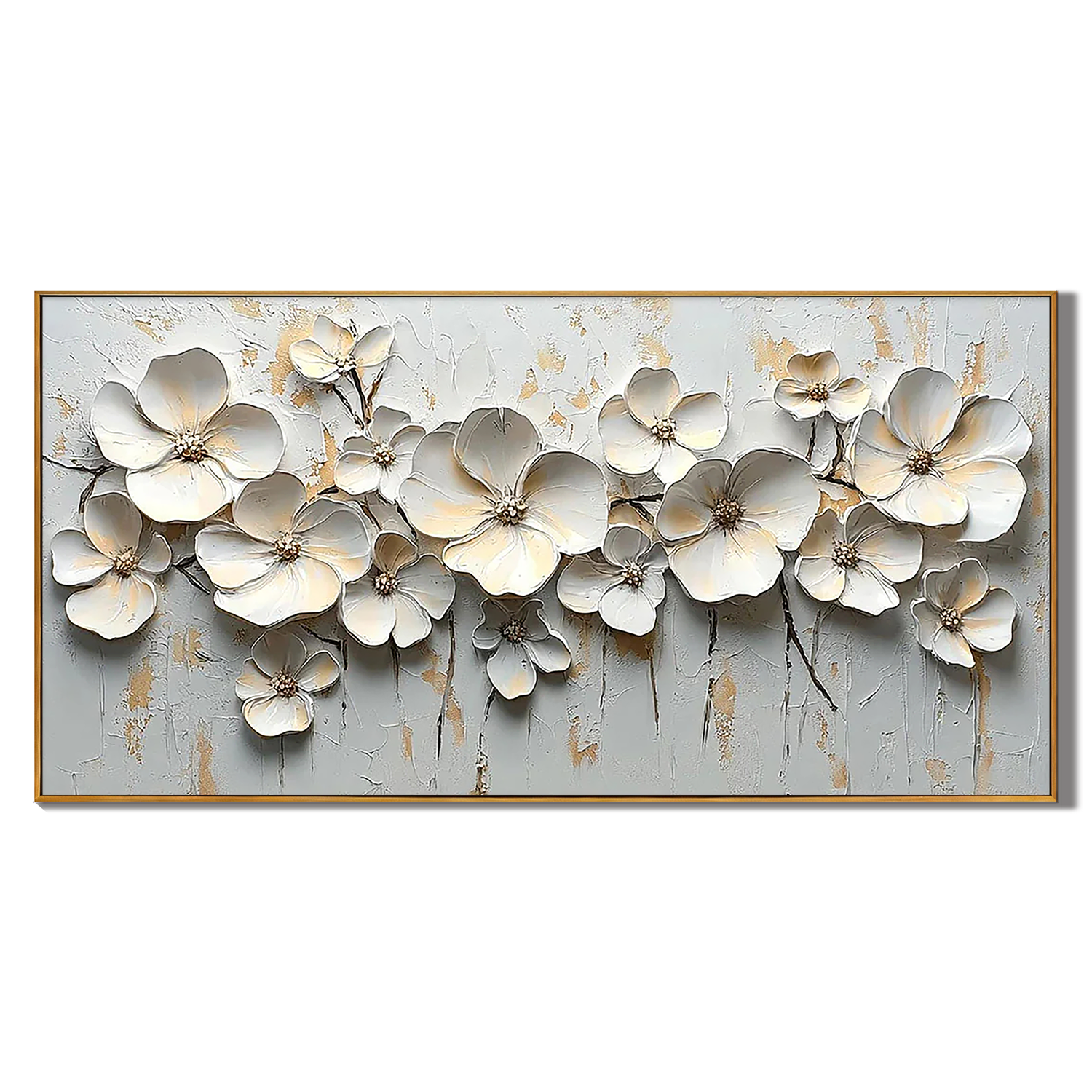 Golden Radiance – Modern Luxury White and Gold Floral Painting | Heavy Textured Living Room Art