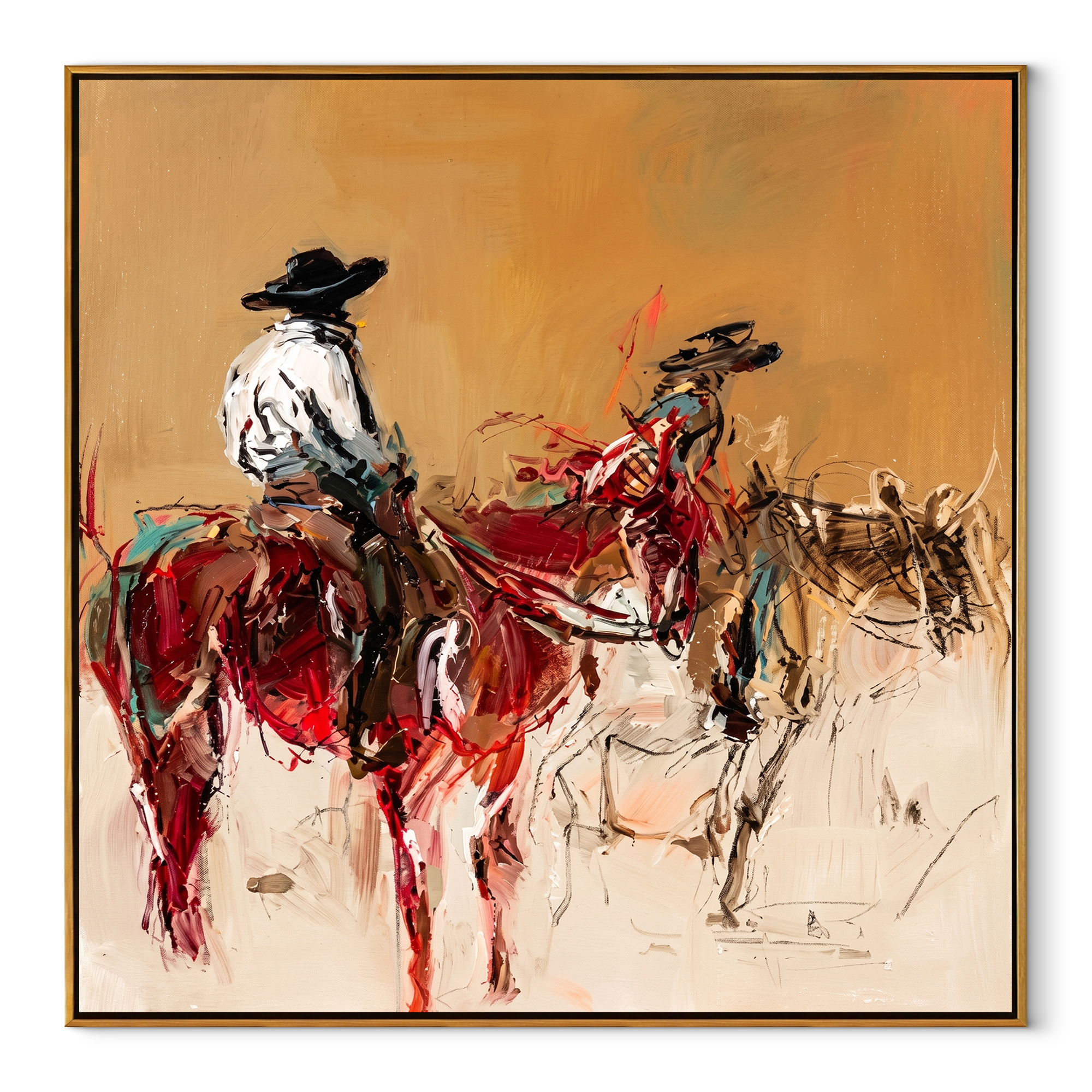 Red Riders Cross Dust Western figurative painting, square canvas artwork