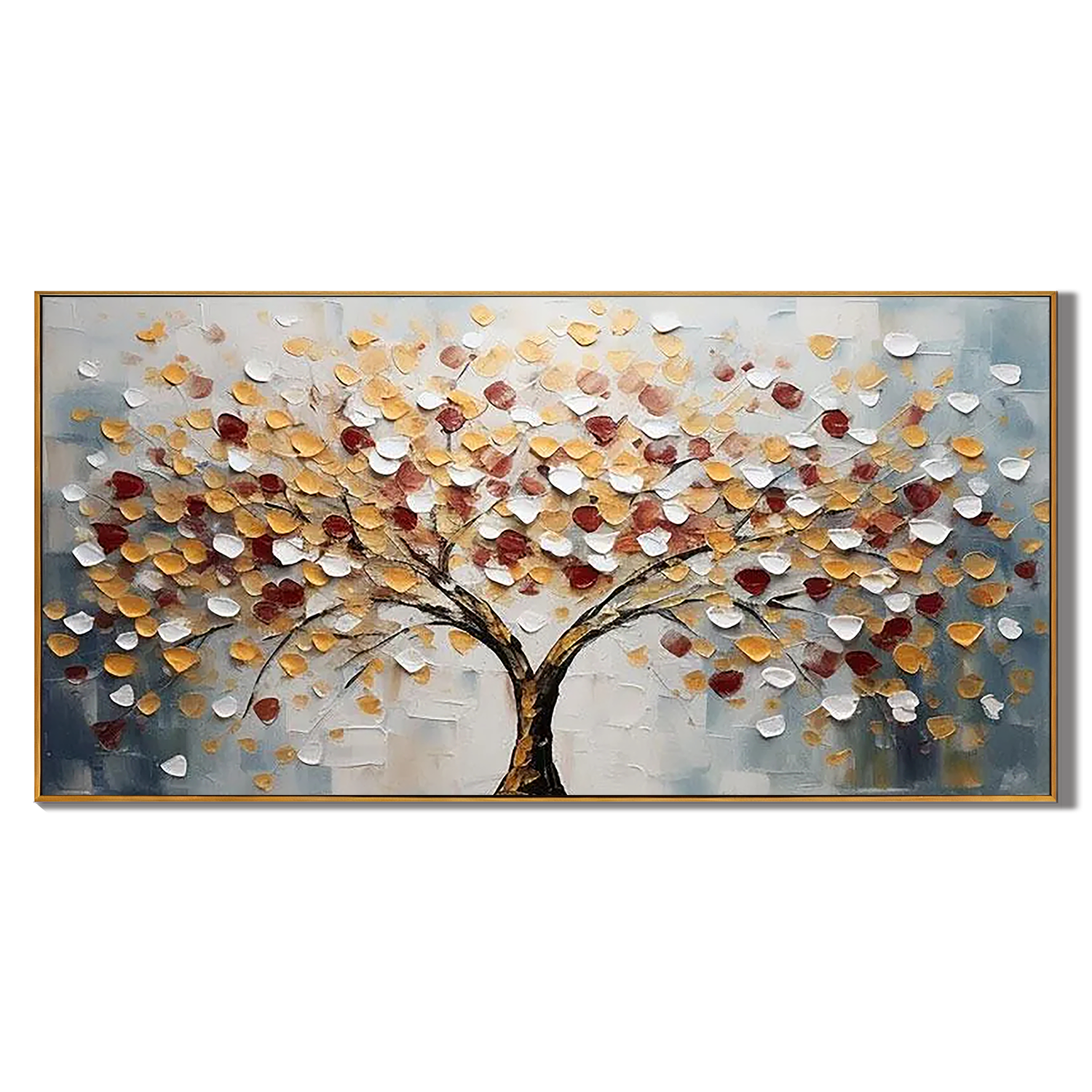 AMBER CANOPY: Tree Wall Art, Hand-Painted Red and Gold Leaf Money Tree Impasto Textured Canvas Art