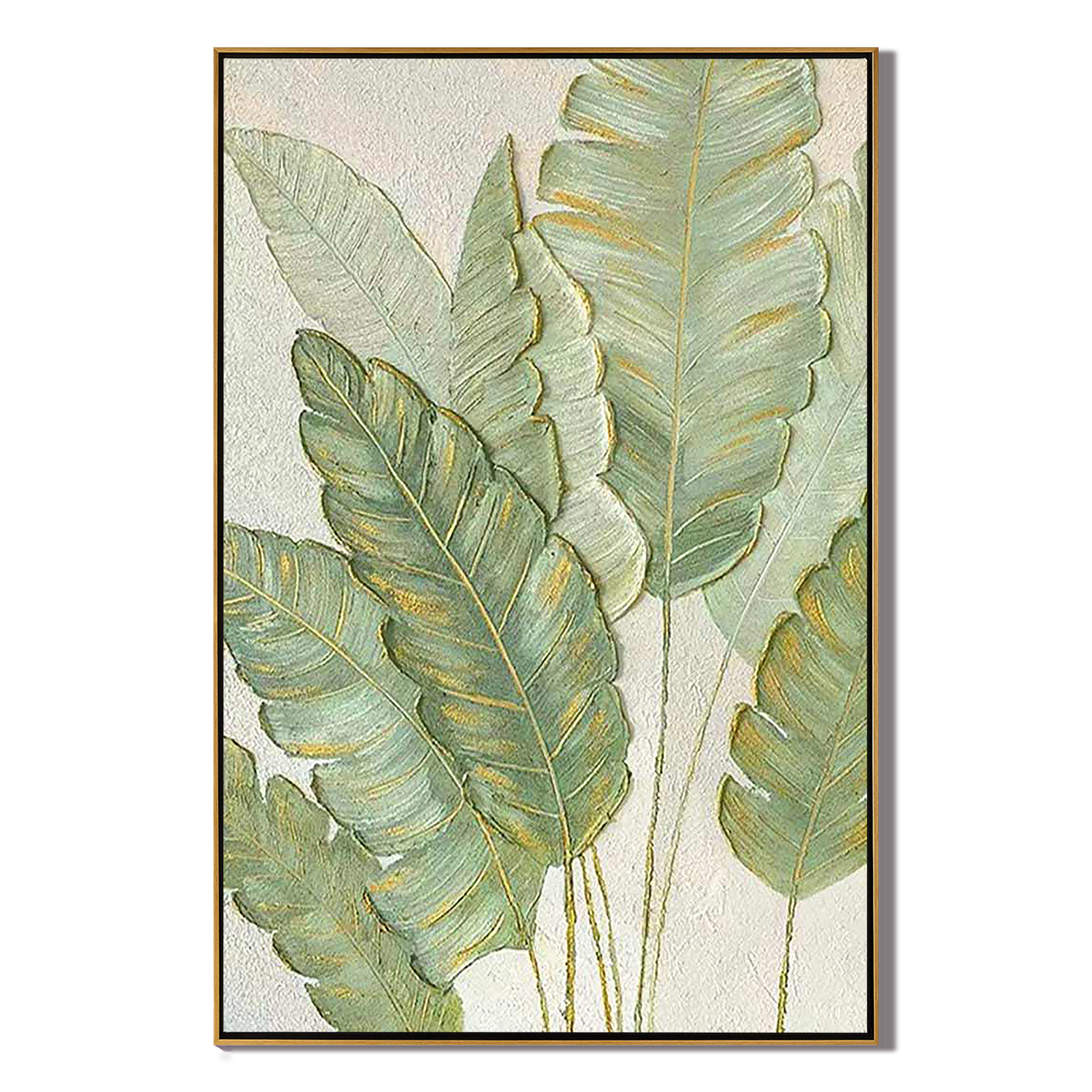 EMERALD WHISPER: 3D Textured Banana Leaf Wall Art, Left-Facing Botanical Relief with Gold Edges