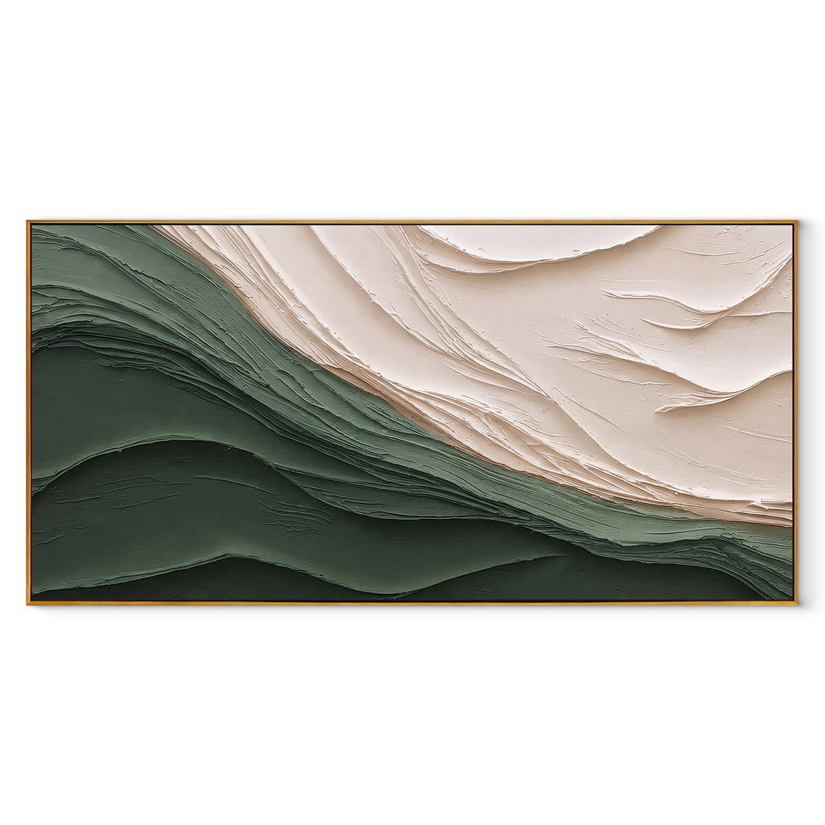 Green Slope Meets Ivory – Green Ivory Diagonal Relief Painting | Modern Horizontal Wall Art