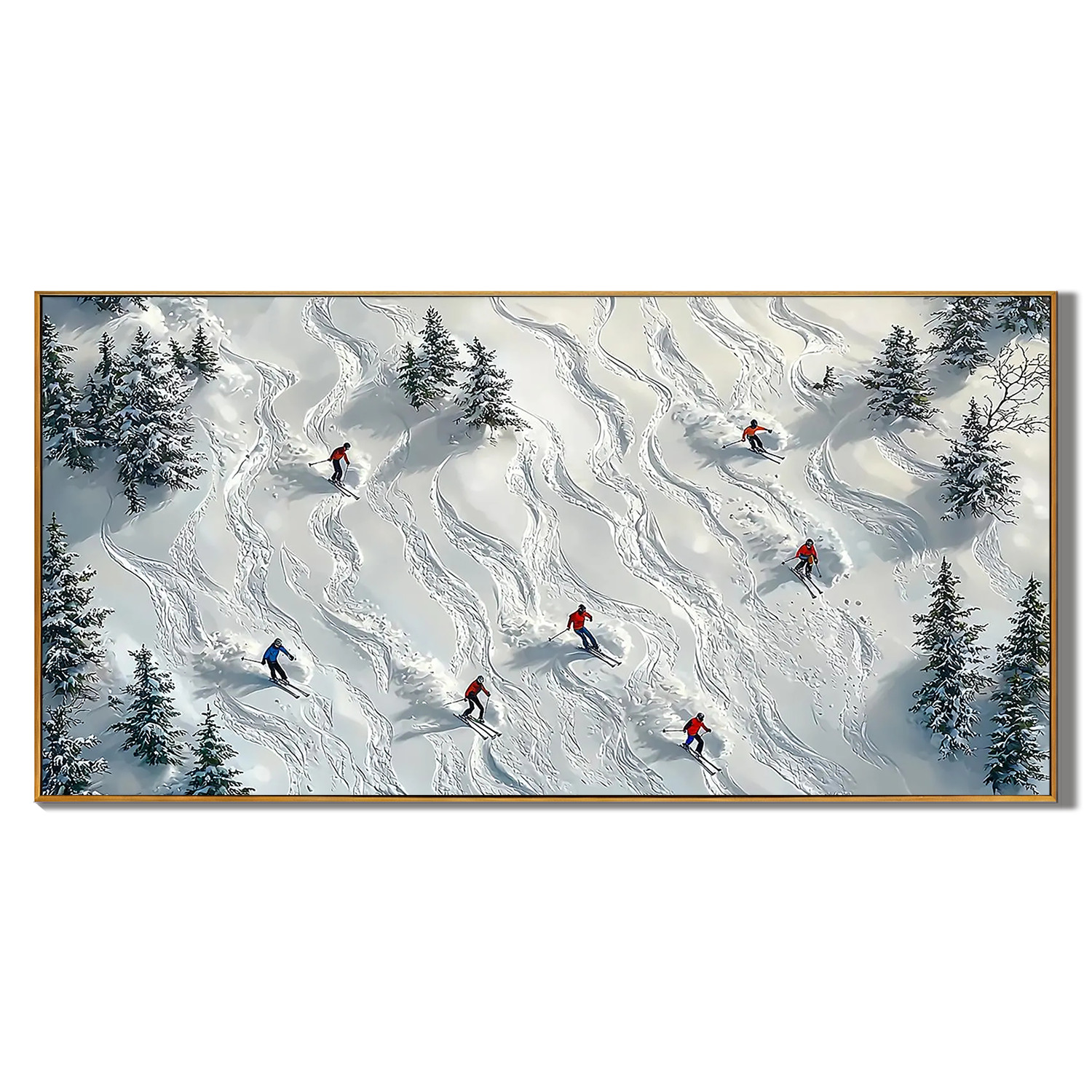 ALPINE TRAILS: Sport Wall Art, Hand-Painted Horizontal Aerial View Skiers 3D Textured Snow Mountain Studio Art