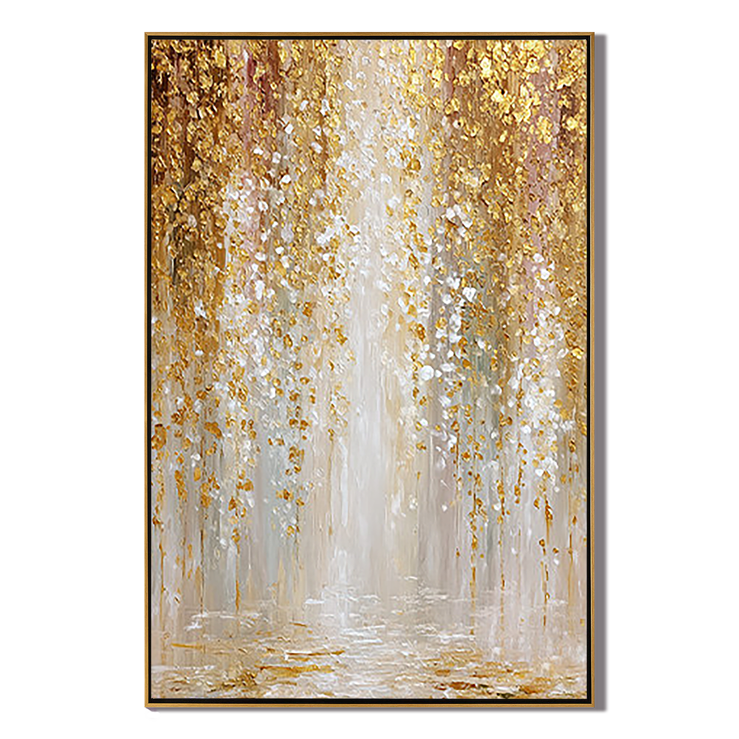 Gilded Rain – Modern Abstract Gold Leaf Waterfall Painting | Luxury Heavy Impasto Dining Room Art