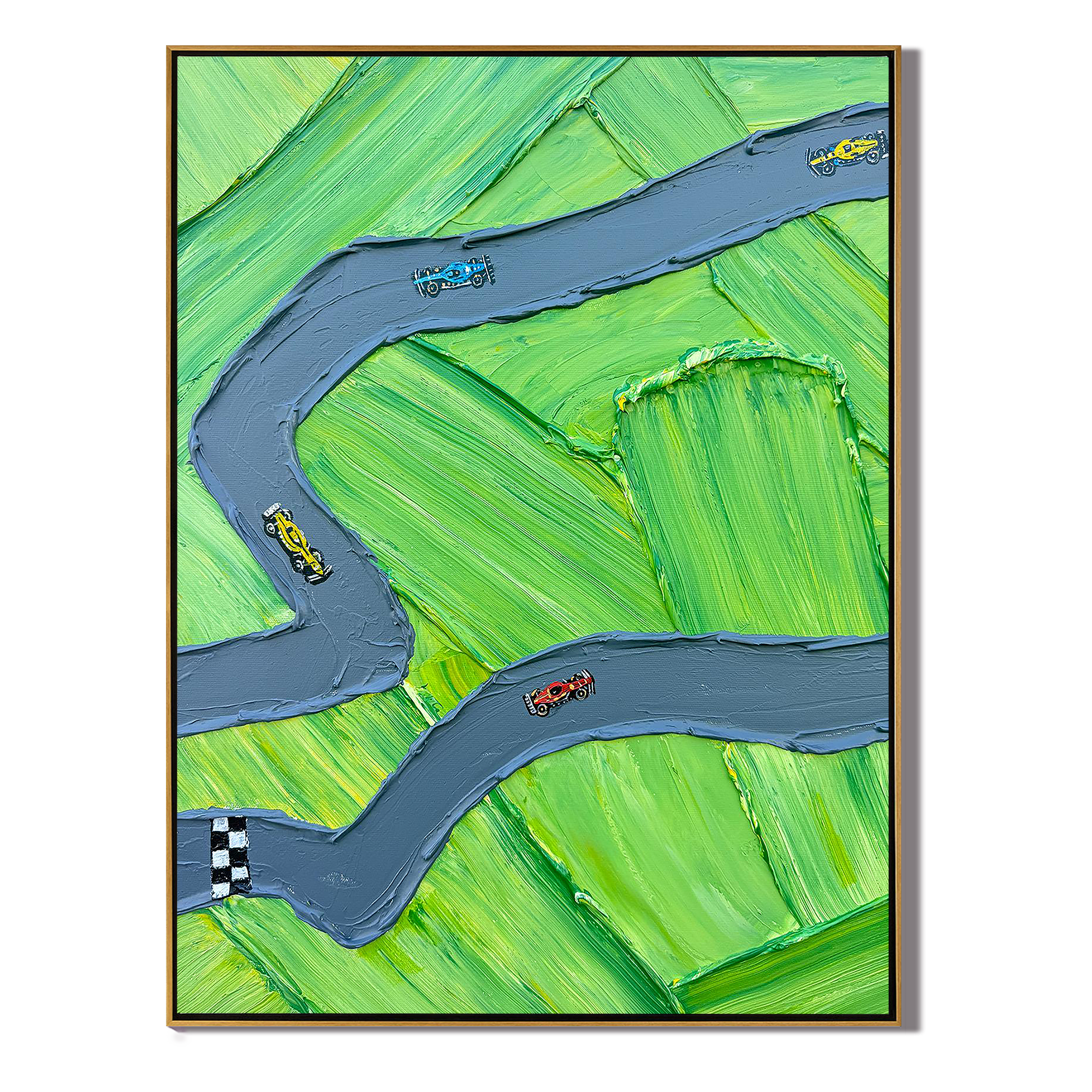 CIRCUIT BREEZE: Sport Wall Art, Hand-Painted Green Race Track Minimalist Racing Car 3D Textured Canvas Painting