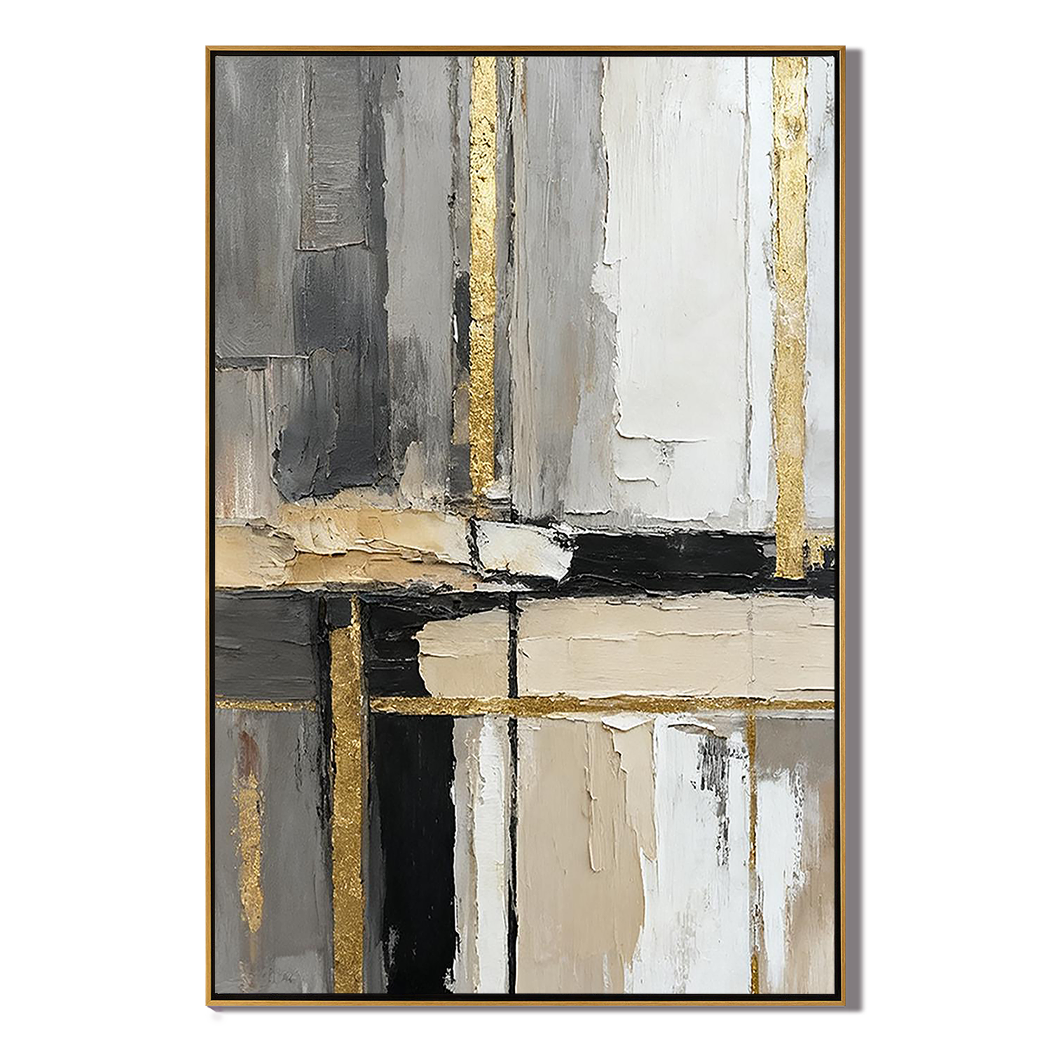 GOLDEN URBAN: Abstract Wall Art, Hand-Painted Minimalist Grey and Gold Foil Vertical Line 3D Textured Canvas Art