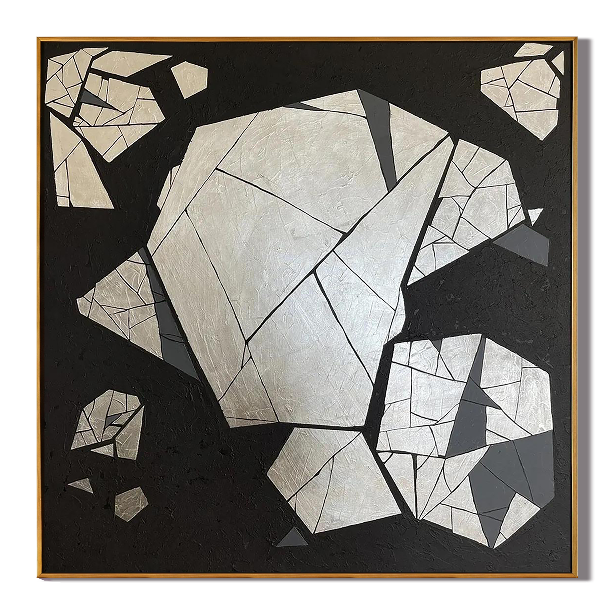 FRACTURED CORE: Wabi-Sabi Wall Art, Hand-Painted Black and Silver Geometric Rock Relief 3D Heavy Texture Studio Art
